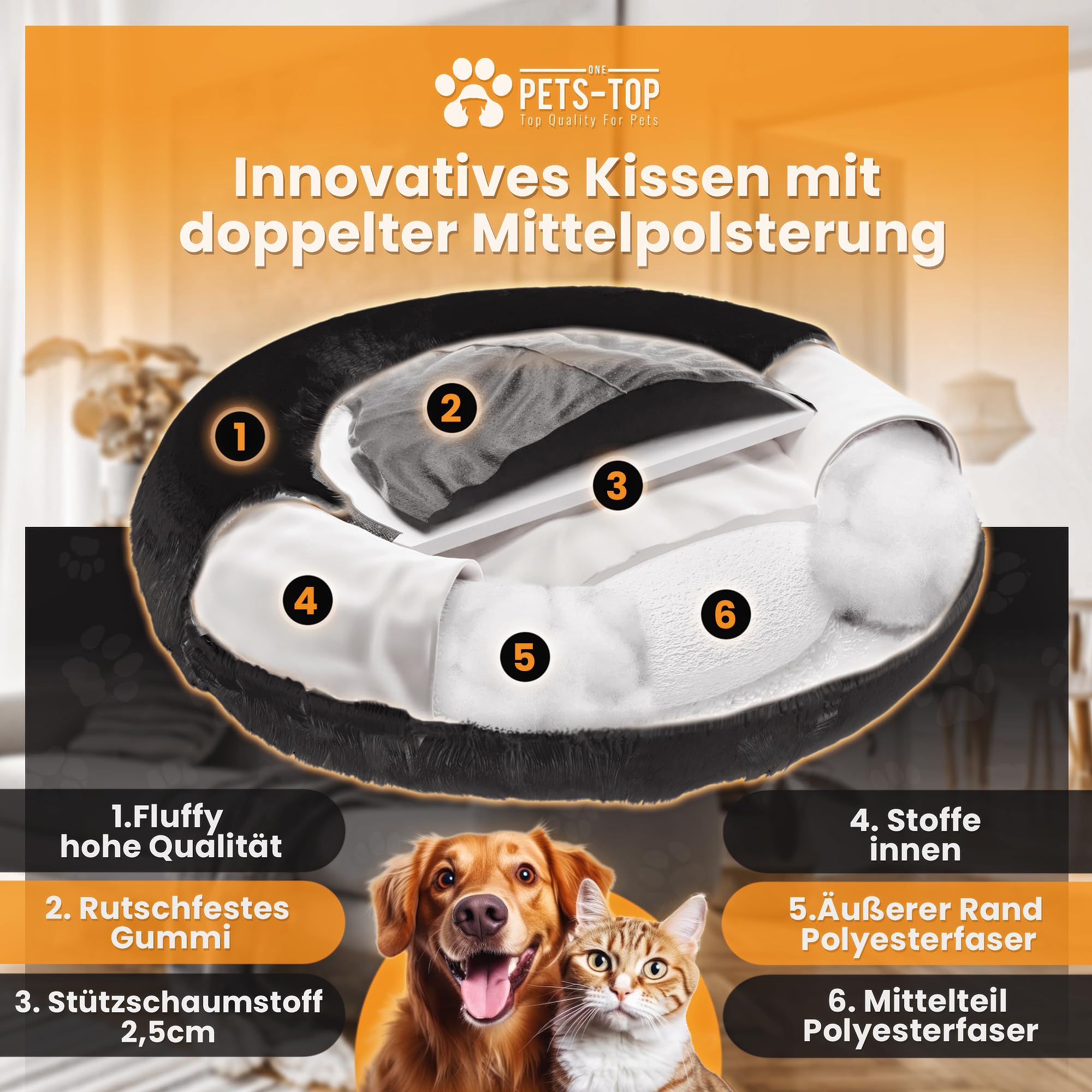 One PETS-TOP® Hundekörbchen Waschbar Fluffy – Donut Hundebett Flauschig mit Abnehmbarem Bezug – Hundebett Rund für Kleine & Große Hunde – Hundekissen Waschbar Anti-Stress – 115 cm Schwarz