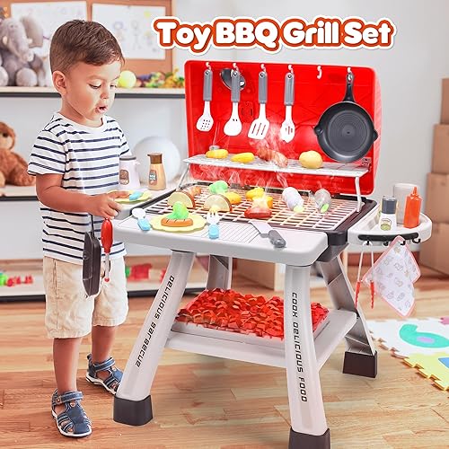 Miniatura 8 de CUTE STONE Juego de barbacoa para niños y microondas, juguetes de cocina con sonidos, luz y vapor, juguetes interactivos para interiores y