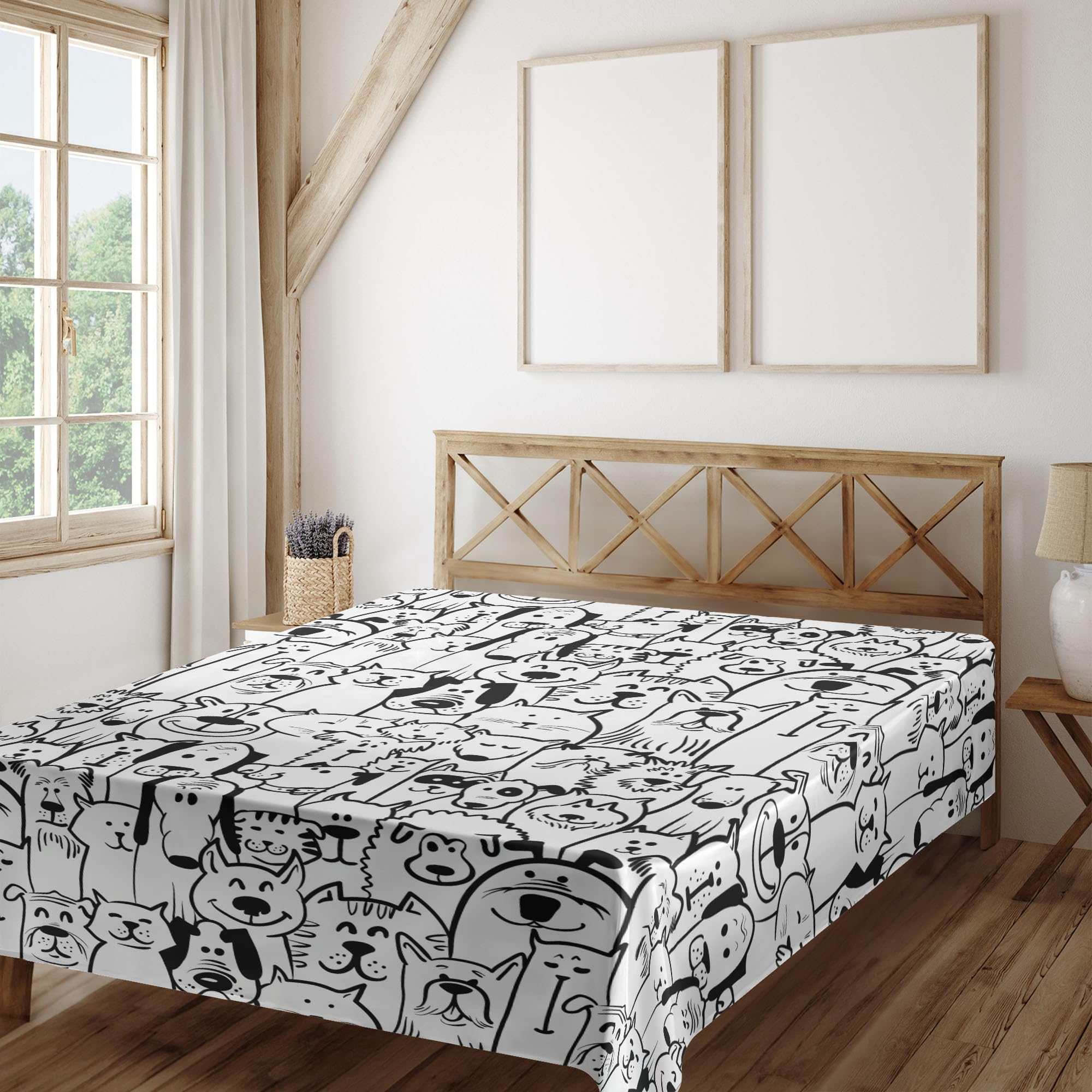 Ambesonne Pet Flat Sheet, Group of Dogs and Cats Animals Fun Happy Beings Cartoon Inspired Design, Soft Comfortable Top Sheet Decorative Bedding 1 Piece, Queen Size, Black White