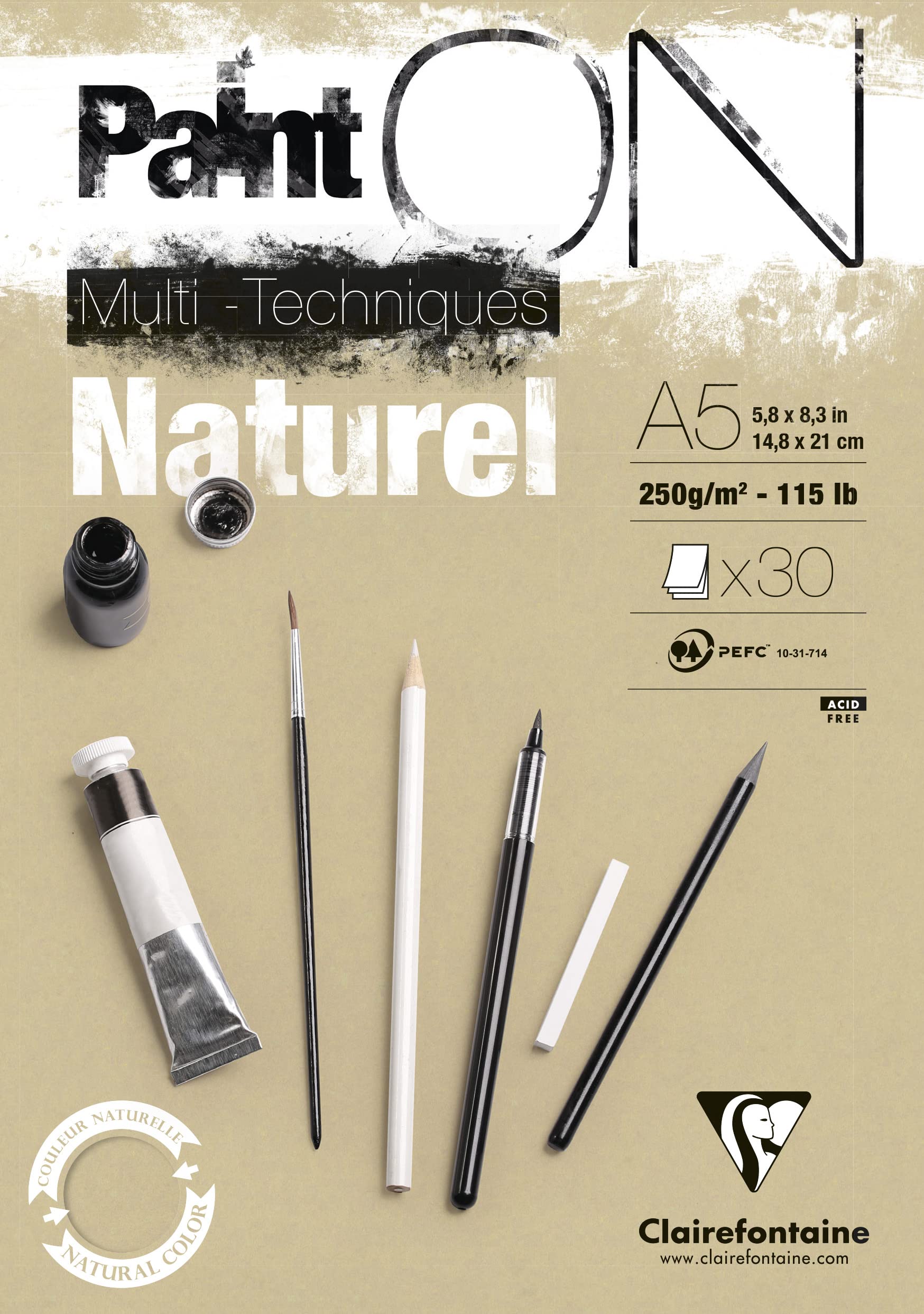 Clairefontaine PaintOn Natural Gummed Pad Paper A5 250gsm 30 Sheets Mixed Media