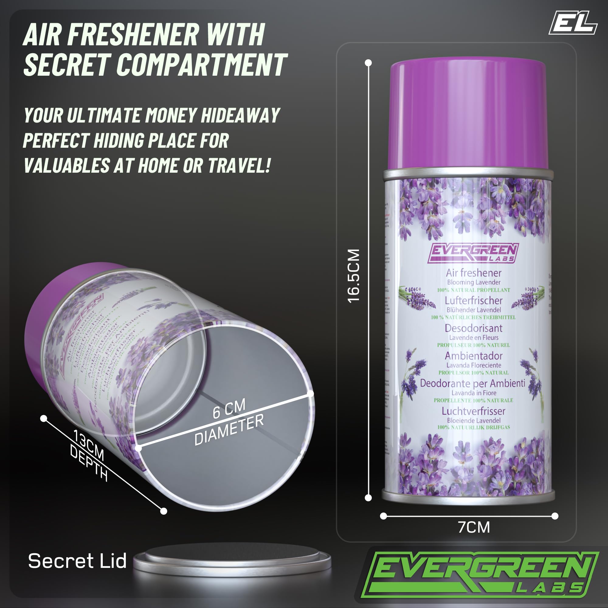 Désodorisant Evergreen Labs avec compartiment secret : votre cachette idéale pour vos objets de valeur, à la maison ou en voyage ! Grand compartiment secret, 6 cm x 13 cm.