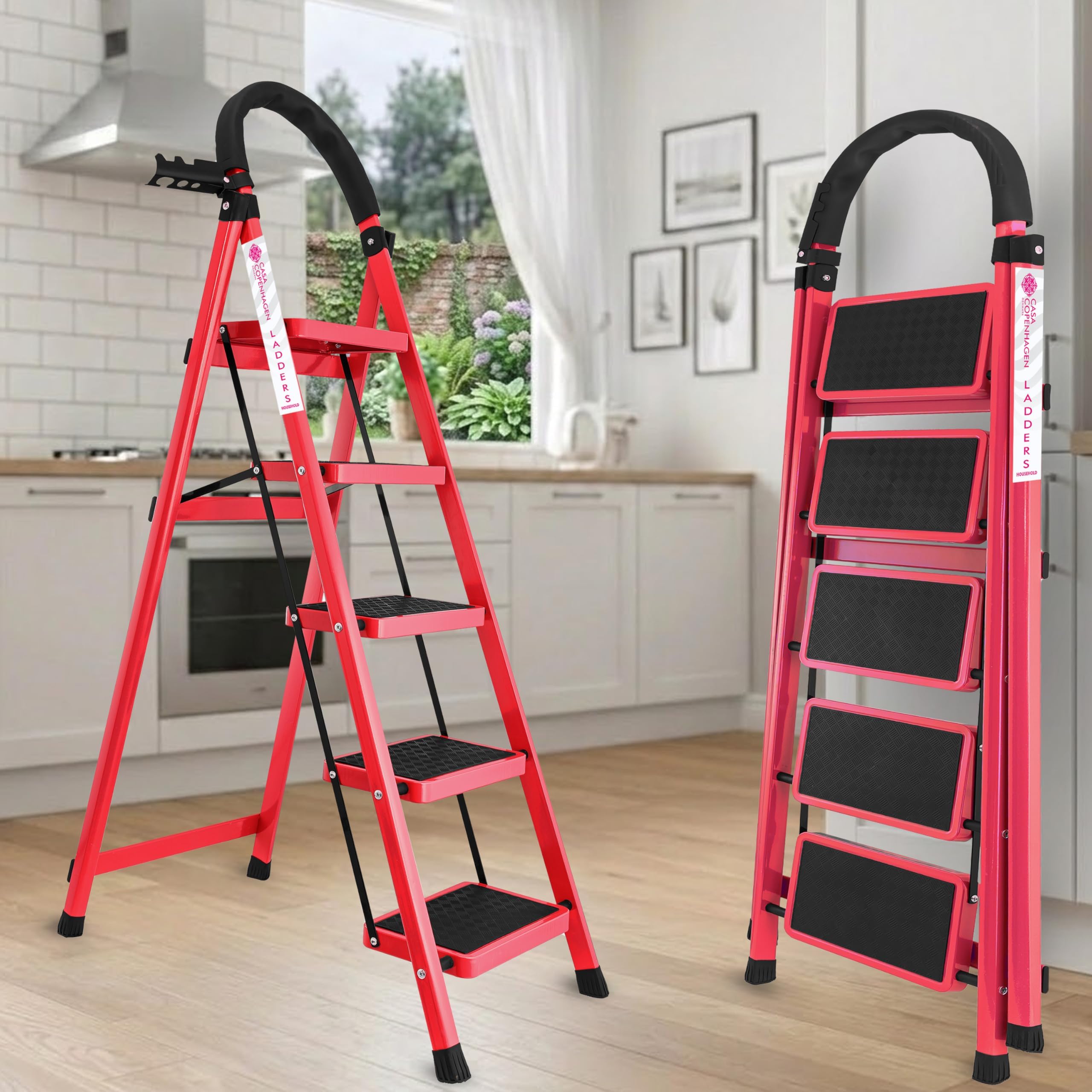 Casa Copenhagen Black 5 Step Ladder for Home Use with Built-in Tool Tray | Heavy Duty D Shape Rods | Ultra Large Platform | Wide Rubber Feet | 150Kg Capacity Foldable Ladder - 7 Years Warranty — Amazon image 14