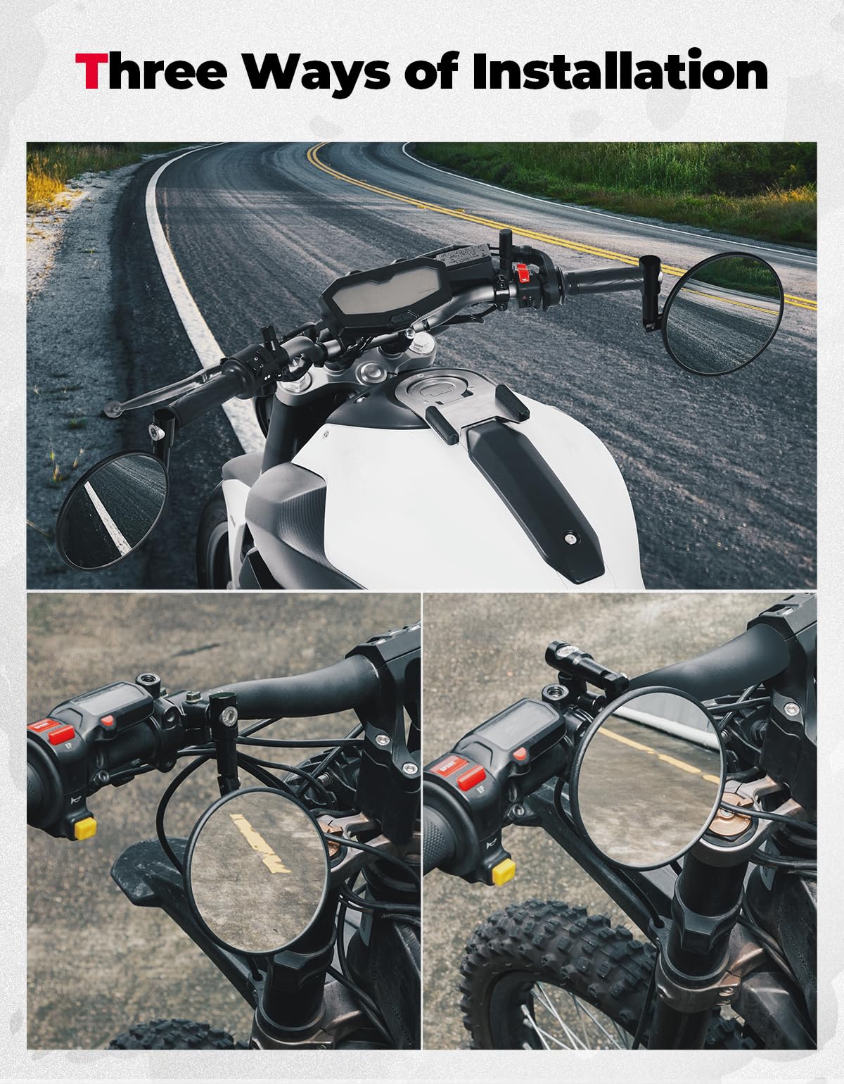 KEMIMOTO Espejo Moto, Certificación E24, 1 Espejo de Manillar, Incluye Soportes de Montaje, Espejo Redondo Extremo de Manillar, Compatible con Scooters, ATV, MT07, Z750, CB125R
