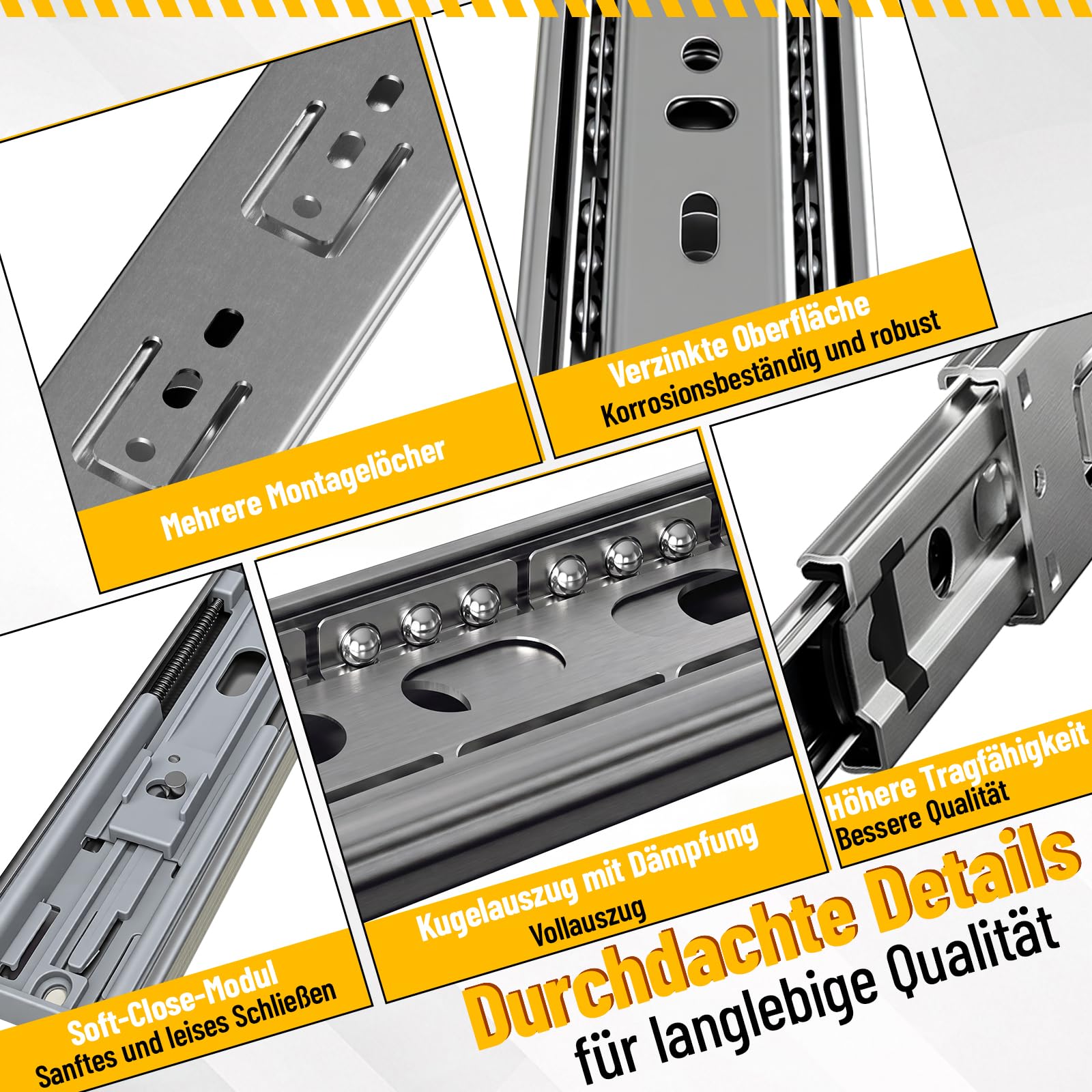 3 pares (6 unidades) de guías para cajones de 650 mm de extensión completa con autocierre, guía de bolas de acero galvanizado, altura del riel de 45 mm, capacidad de carga de hasta 45 kg por par