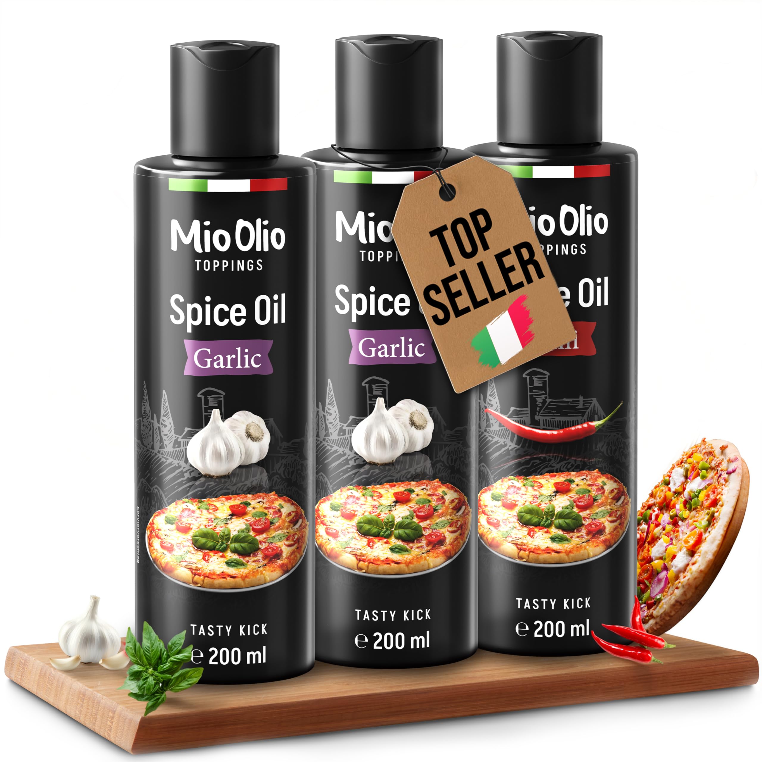 MioOlio Gewürzöl Set – 2×200 ml Knoblauchöl & 1×200 ml Chiliöl – aromatisiertes Öl zum Kochen, Braten & Verfeinern – praktischer Dosierer – für Pasta, Pizza, Fleisch, Fisch & Gemüse