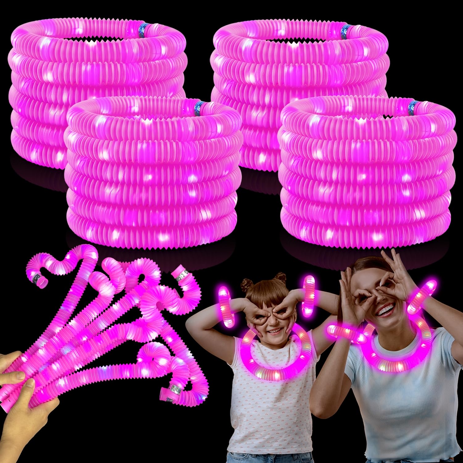 Kannove Pink Glow Sticks Party Favors for Kids 24 PCS,LED Light up Pop Tubes for Toddlers, Neon Necklaces Bracelets Accessories, Glow Birthday Wedding Dance Party Supplies Camping Toys Decorations