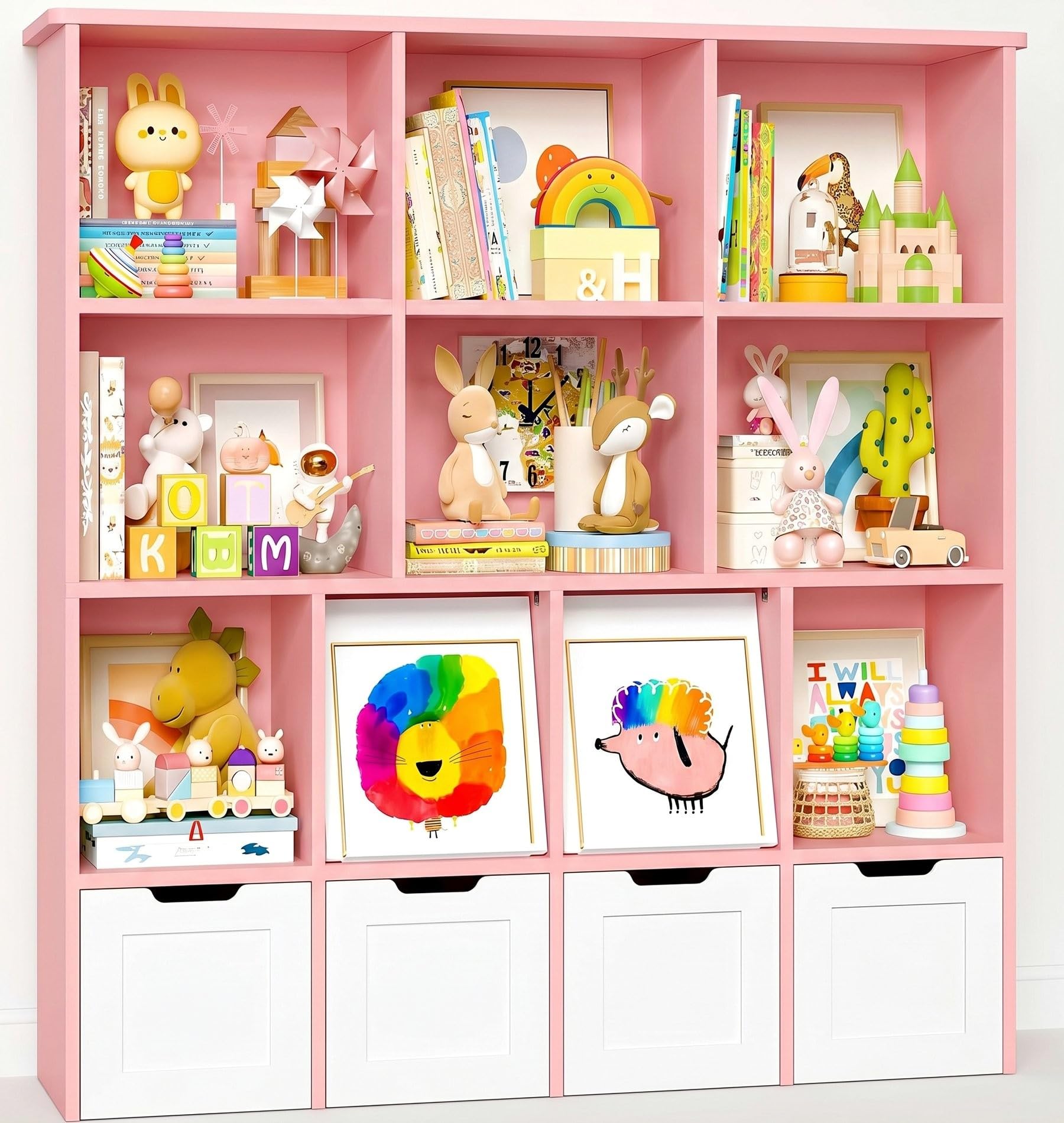 IRONCK Kinderregal Bücherregal mit verdeckte Klapptür (Rosa) | Kinderzimmer Möbel Spielzeugregl mit 4 Boxen auf Rollen, Kinder Kleiderschrank Aufbewahrungregal mit 10 Fächer