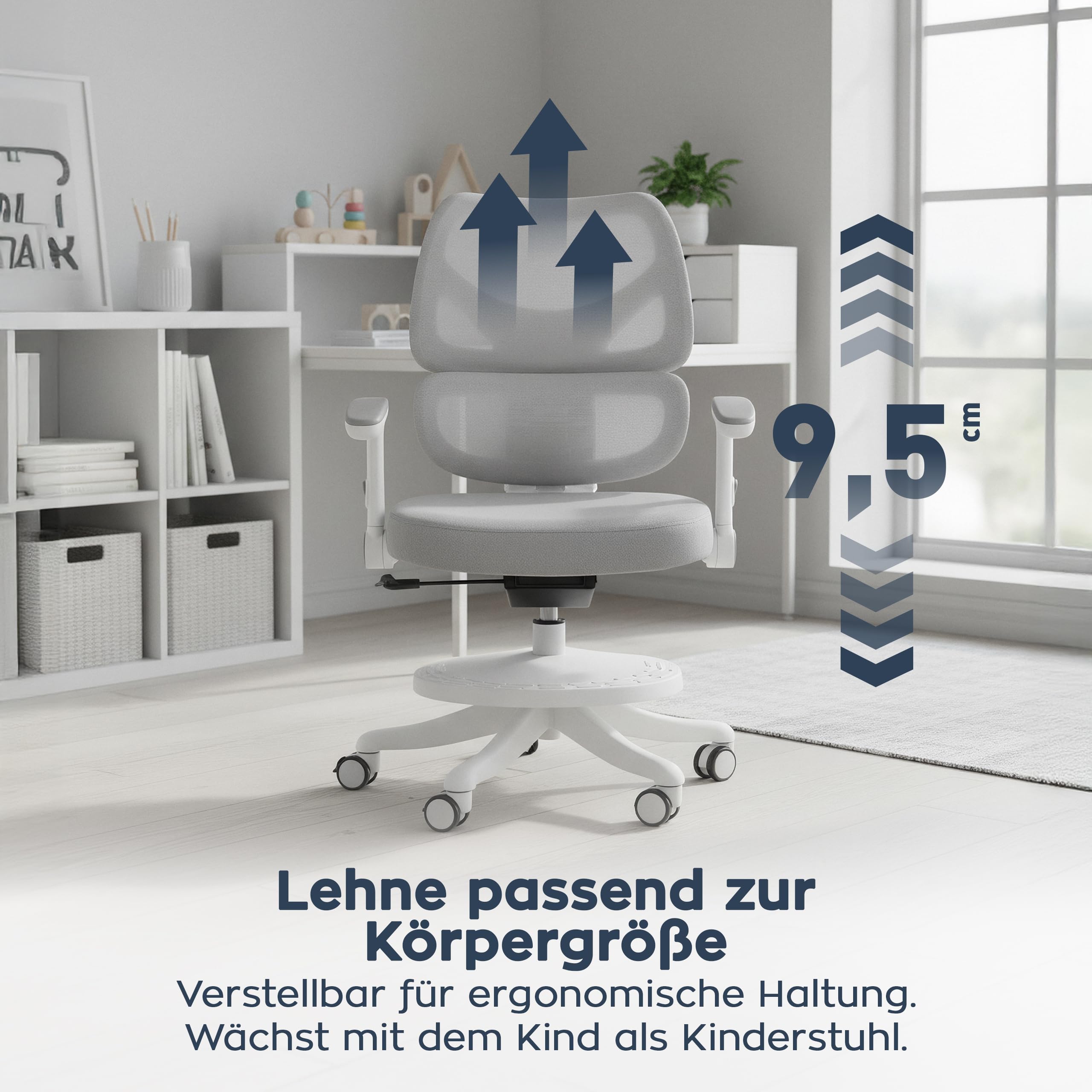 MARK ADLER Junior 5.3 Ergonomischer Kinderstuhl für Kinder und Jugendliche | bis 175 cm - Höhenverstellbar - Mit fußstütze - Verstellbare Rückenlehne - Rollen mit Feststellmechanismus – Grau