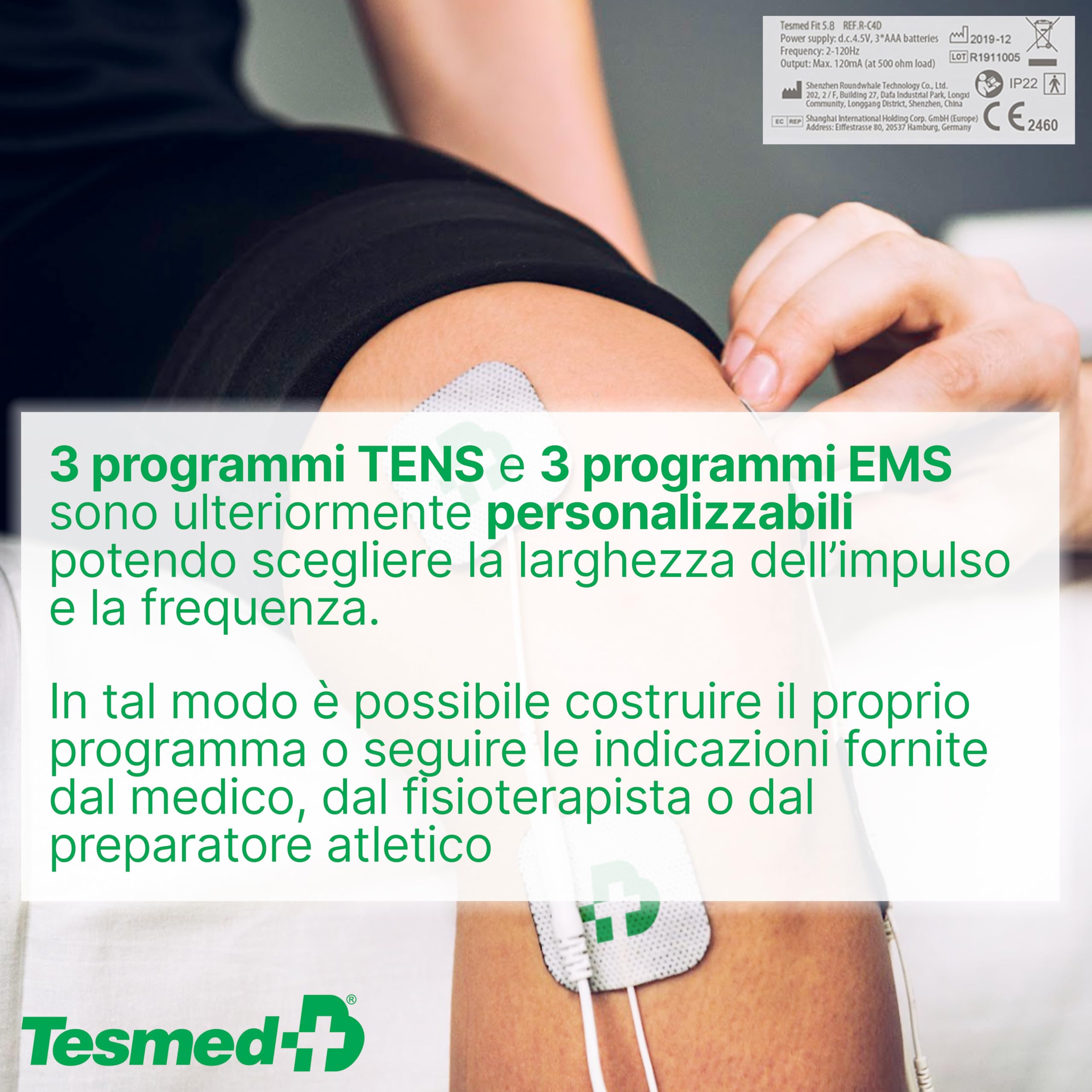 TESMED FIT Elettrostimolatore Muscolare 3 in 1 (EMS, TENS, Massaggio), 22 Programmi (6 Personalizzabili), per Applicazioni su Dolori Localizzati e Stimolazione di Addominali, Glutei, Pettorali