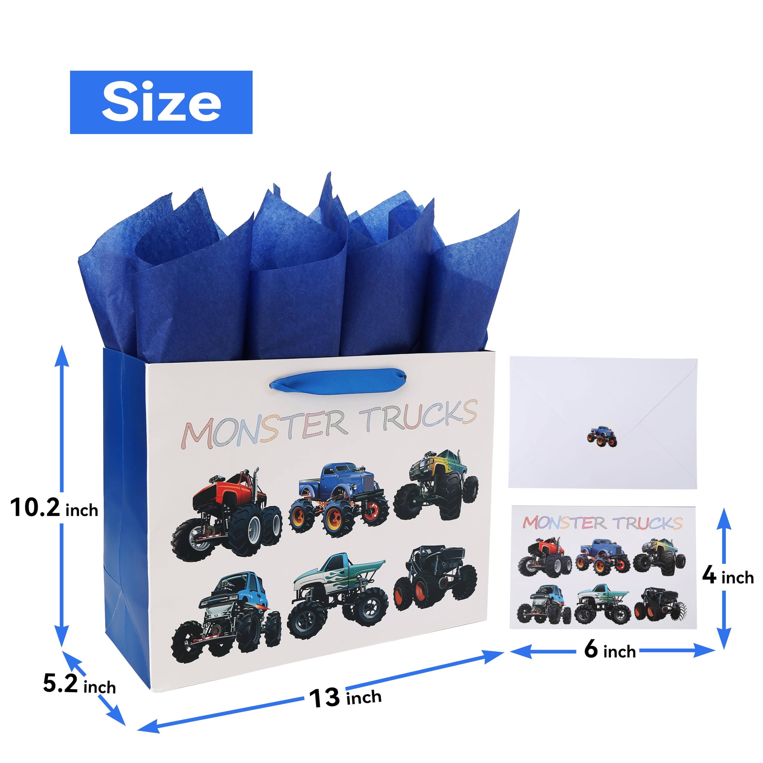 13" Large Birthday Gift Bags Set with Greeting Card and Tissue Paper (Monster Trucks Design) for boys, Kids, Baby boy,Baby Shower,Newborn,New Moms or Parents -13”x5.2”x10.2”, 1 Pcs