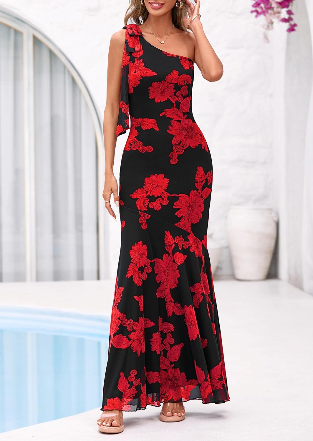 PRETTYGARDEN Womens Summer One Shoulder Maxi Dress 2026 Floral Sleeveless Bodycon Mesh Long Beach Vacation Sun Dresses - Image 3