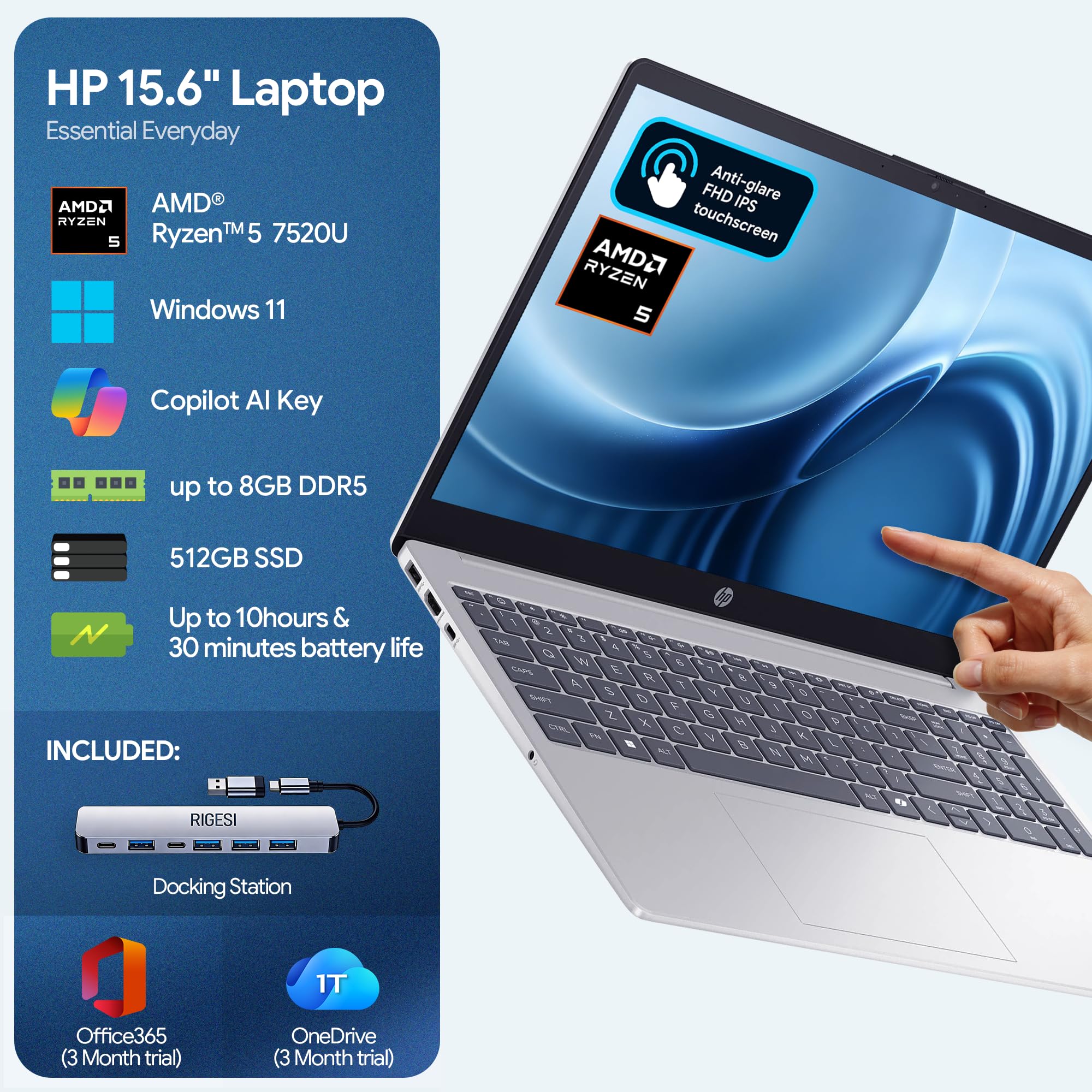 HP 15.6" FHD Touchscreen Laptop – AMD Ryzen 5 7520U (Beats i7-1165G7), 8GB DDR5 RAM, 256GB SSD, 3-Month Office 365 Trial, Windows 11 Pro, WiFi 6, HD Camera – with Docking Station Included — view 3