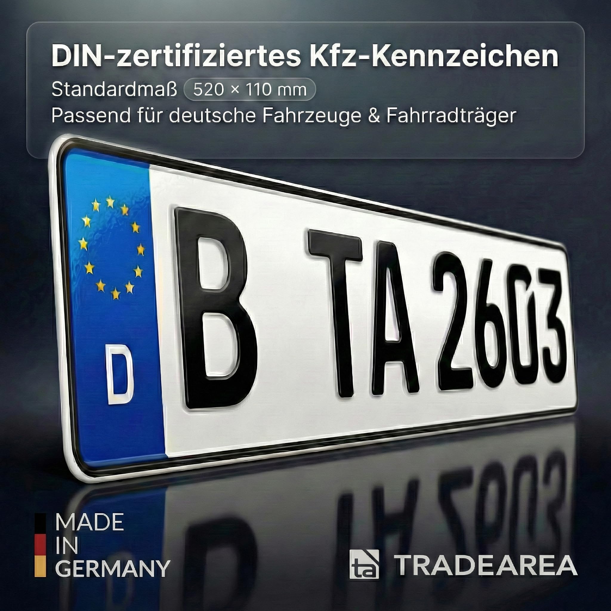1 DIN-zertifiziertes Kfz-Kennzeichen in der Standard-Größe 520x110 mm passend für alle Deutschen Fahrzeuge