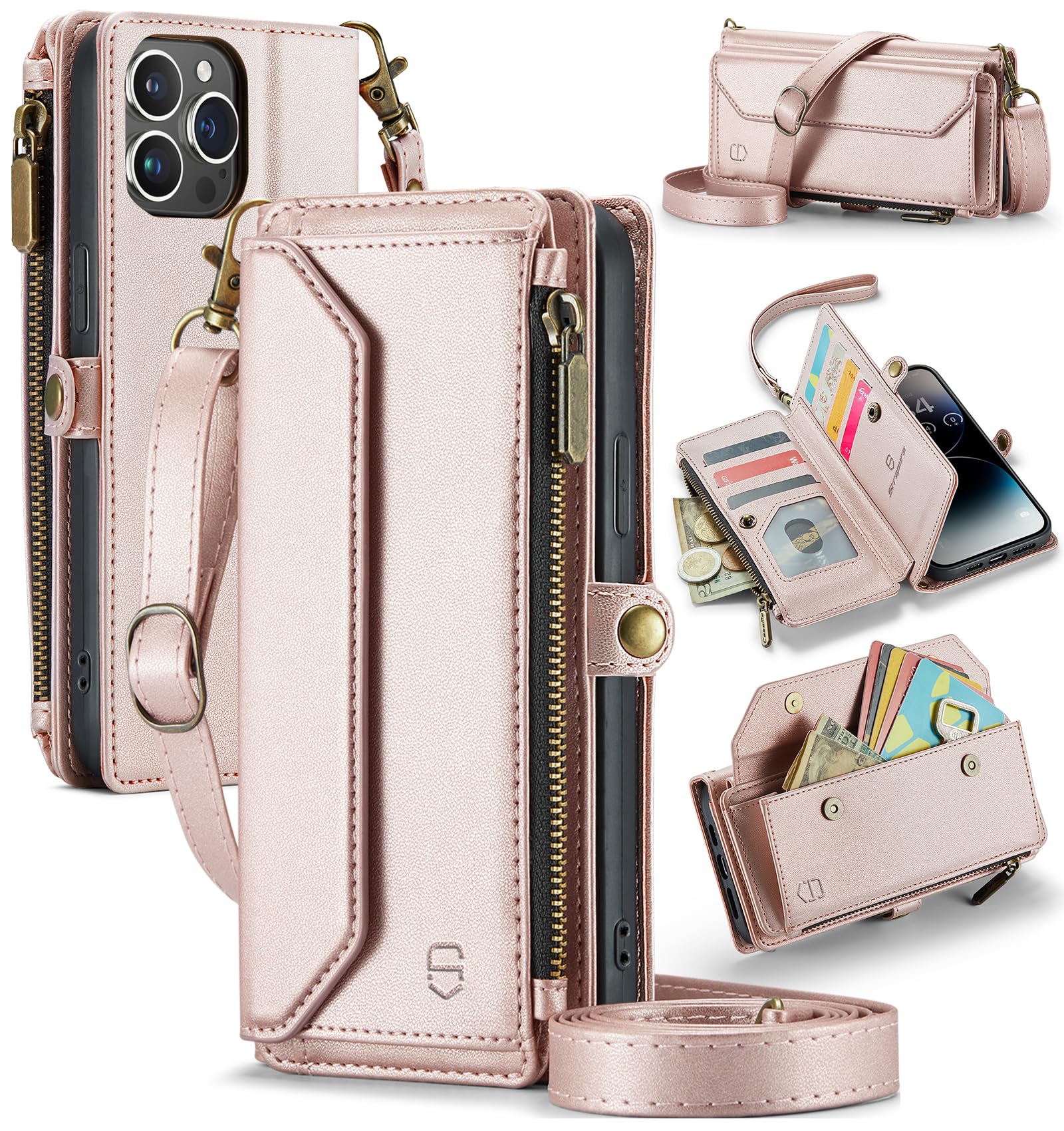Strapurs Wallet Case Compatible with iPhone 14 Pro Max RFID Blocking 10-Card Holder Soft PU Leather Magnetic Snap Shoulder Strap Zipper Pocket Phone