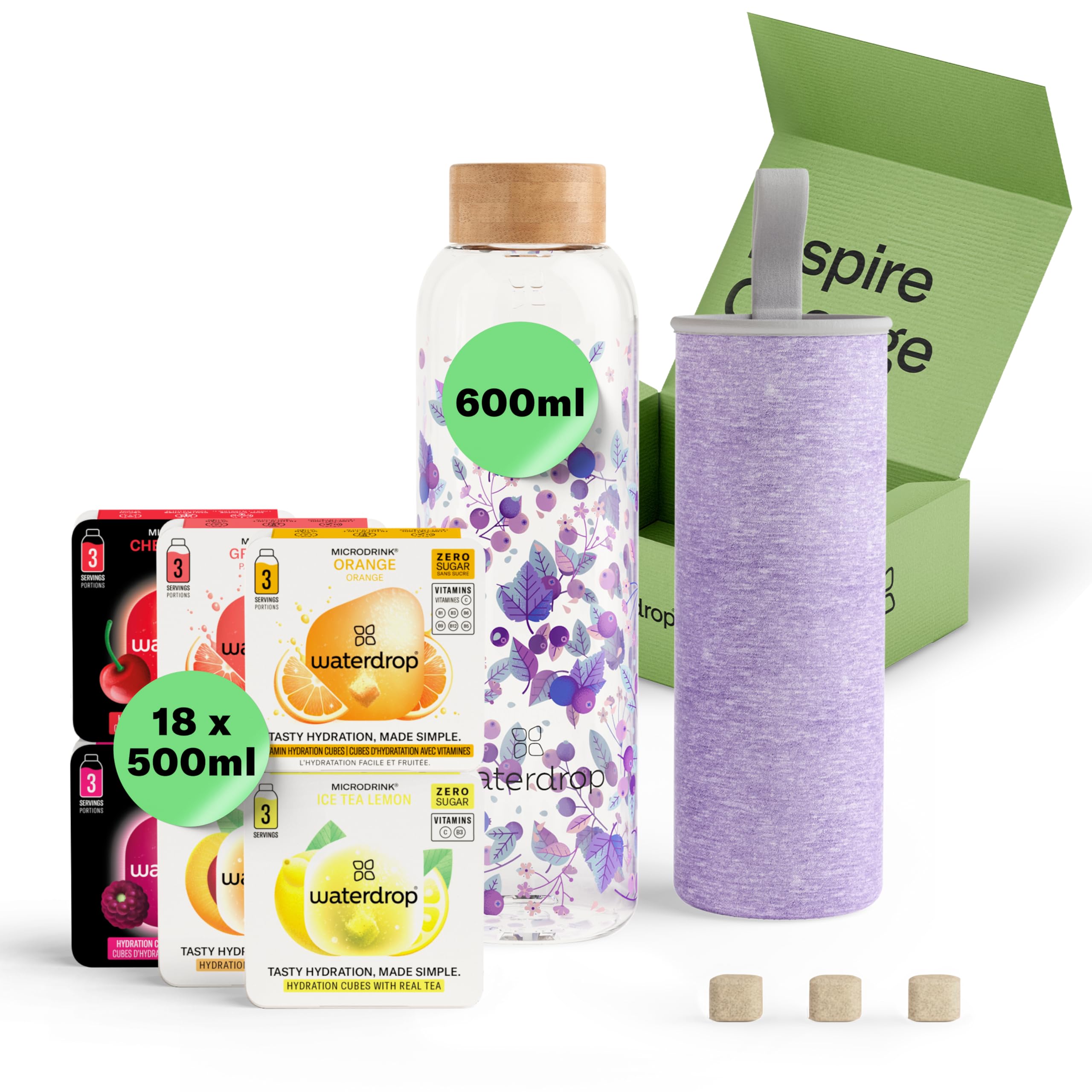 waterdrop® Coffret Dégustation Verre - Bouteille en Verre 600ml + 18 Cubes à Boire en 6 Saveurs, Boisson en Cube avec Vitamine C & Vitamine B, Sans Sucre, Gourde d'Eau, Coffret Cadeau Femme & Homme