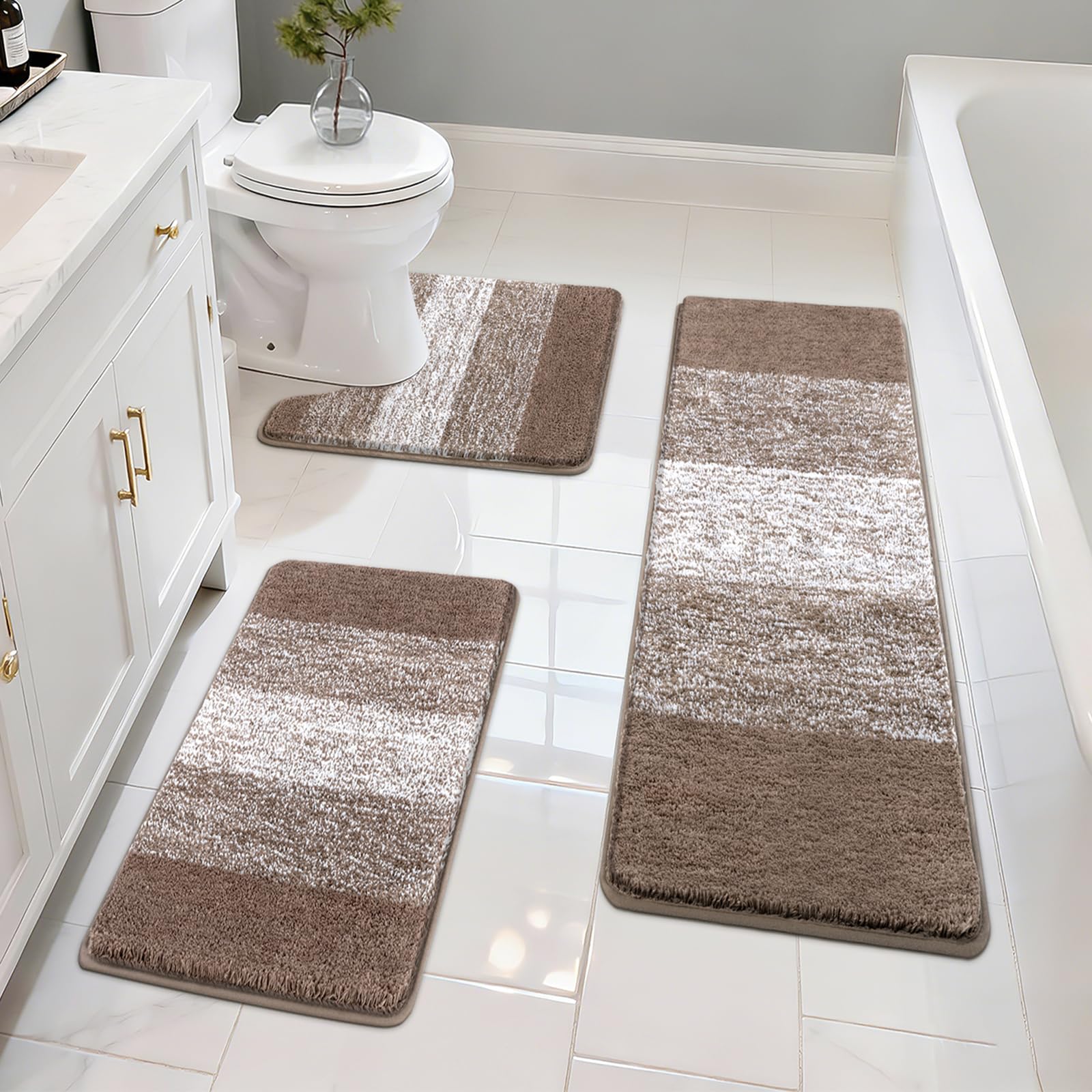 Pauwer Brown 3 Piece Microfiber Bathroom Rug Set