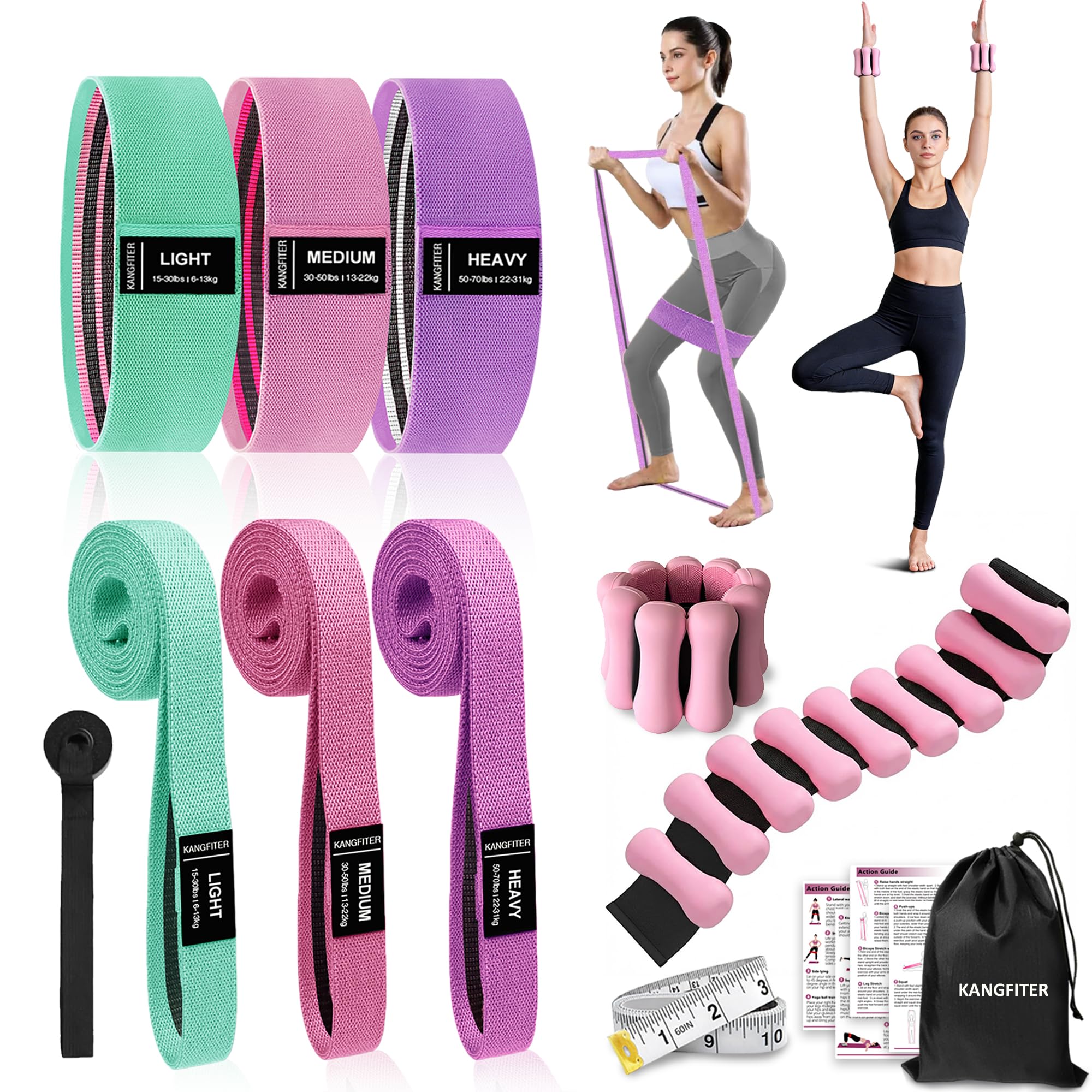 Long and Short Fabric Resistance Bands with Door Anchor, Non-Slip Stretch Booty Bands for Working Out Women & Men, Loop Exercise Elastic Bands for Home Physical Therapy Yoga Pilates Pink 10 Pcs