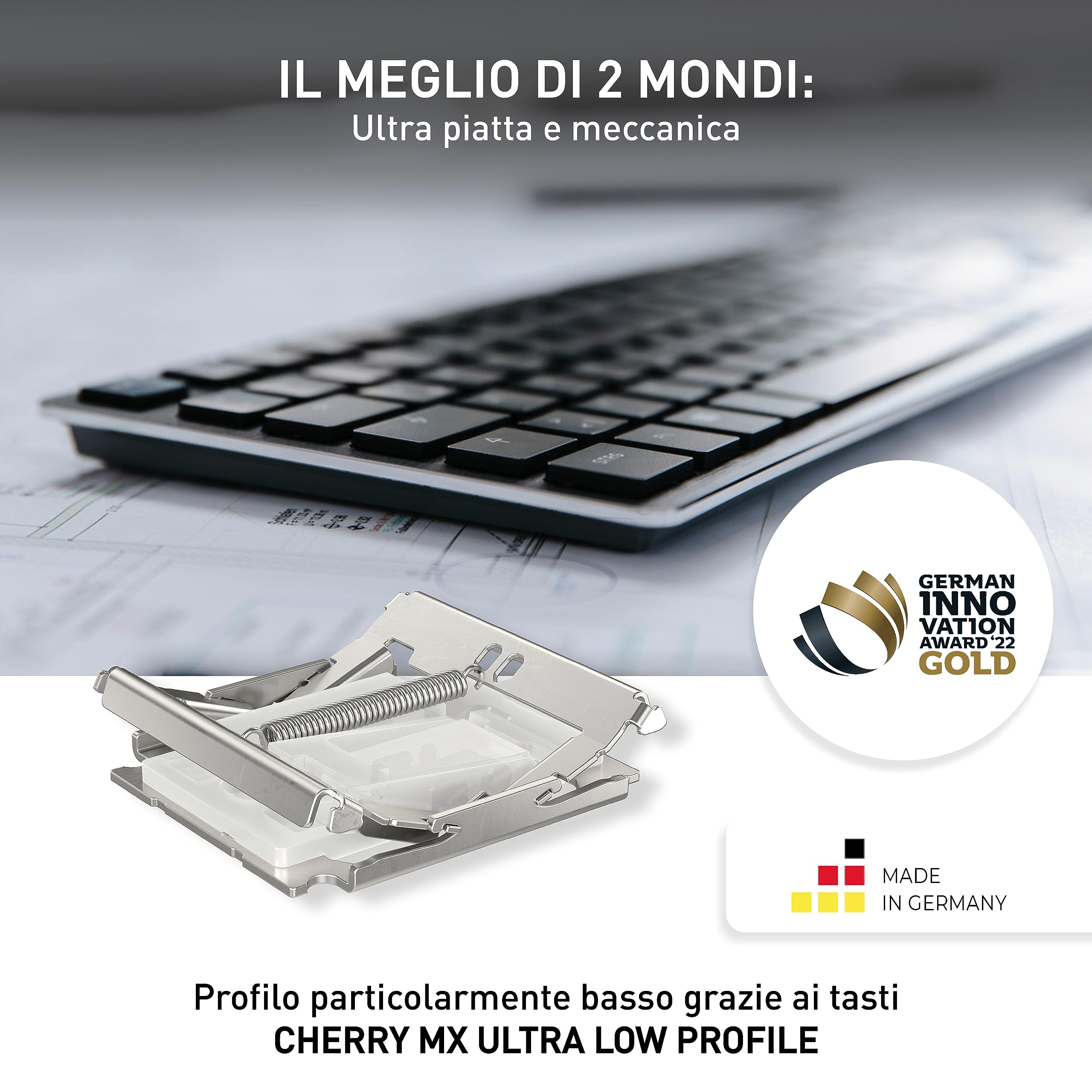 CHERRY KW X ULP, Tastiera High-End Meccanica Ultrapiatta, Layout per la Germania QWERTZ, Tastiera Multidispositivo Senza Fili per fino a 4 Dispositivi, Ricaricabile, Nero, Layout Tedesco - QWERTZ