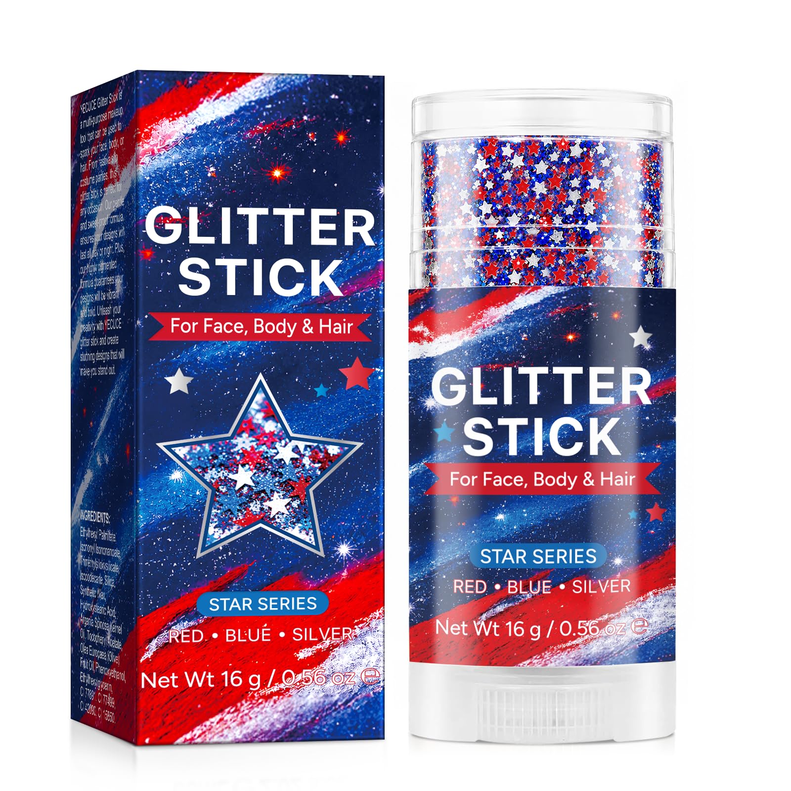 Red White Blue Glitter Stick - 4th of July Patriotic Star Body Face Glitter Makeup for Women Kids - Waterproof Long Lasting Hair Gel Stick for 250th Independence Day Outfits, Soccer Game Cheer