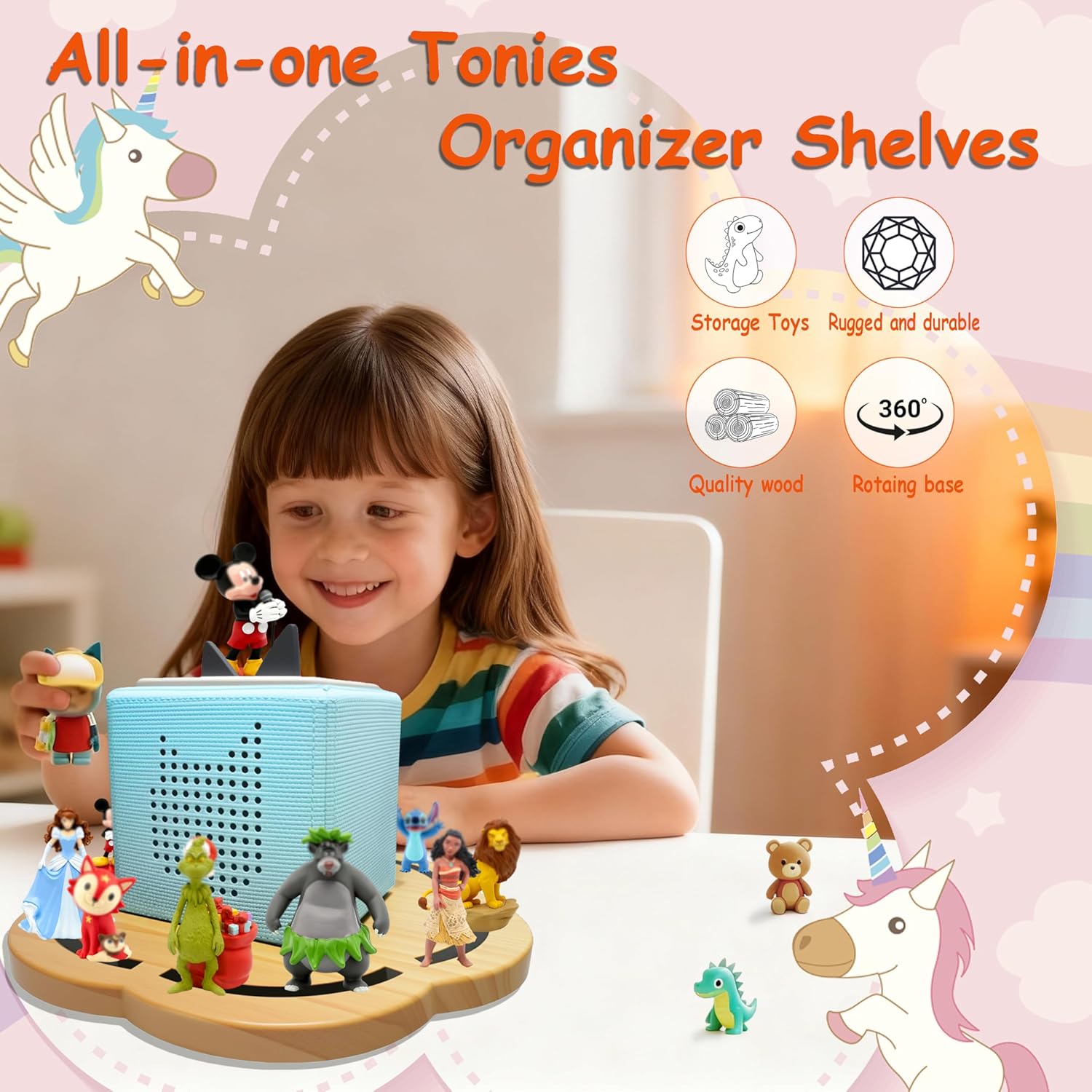 360° Rotating Magnetic Wooden Tonies Shelf for Toniebox 1 & 2, Pine Petal-Shaped, Holds 10-20 Figures, Storage Shelf for Kids' Playroom, Gift for Kids Who Love Tonies(Natural)