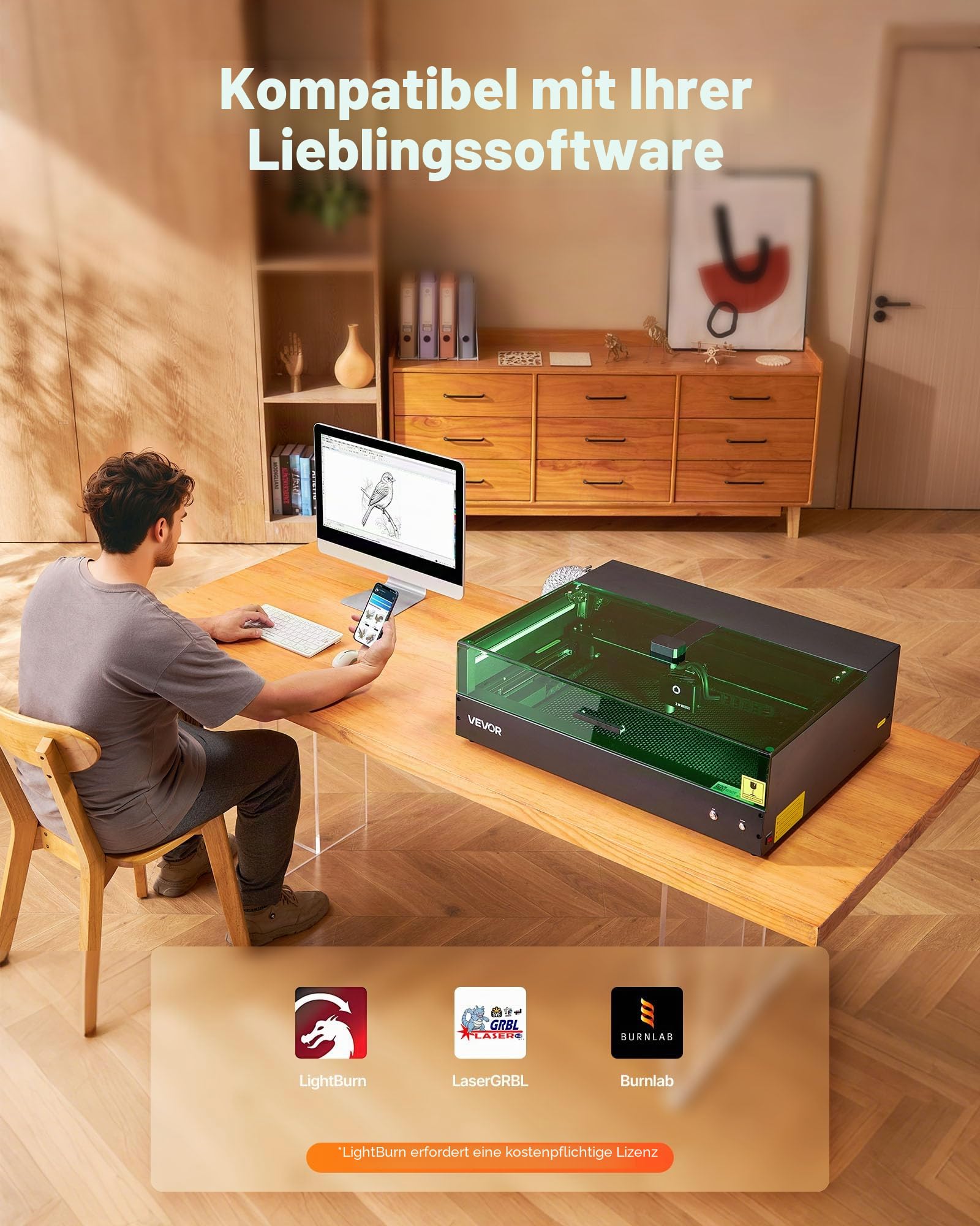 VEVOR Lasergravierer, 20 W, Lasergravur- & Schneidemaschine mit integrierter Kamera, Laserschneider, 36.000 mm/min, Arbeitsbereich 50 x 32 cm, für Holz, Leder, Glas, Papier, bestimmte Metalle,Klasse 1