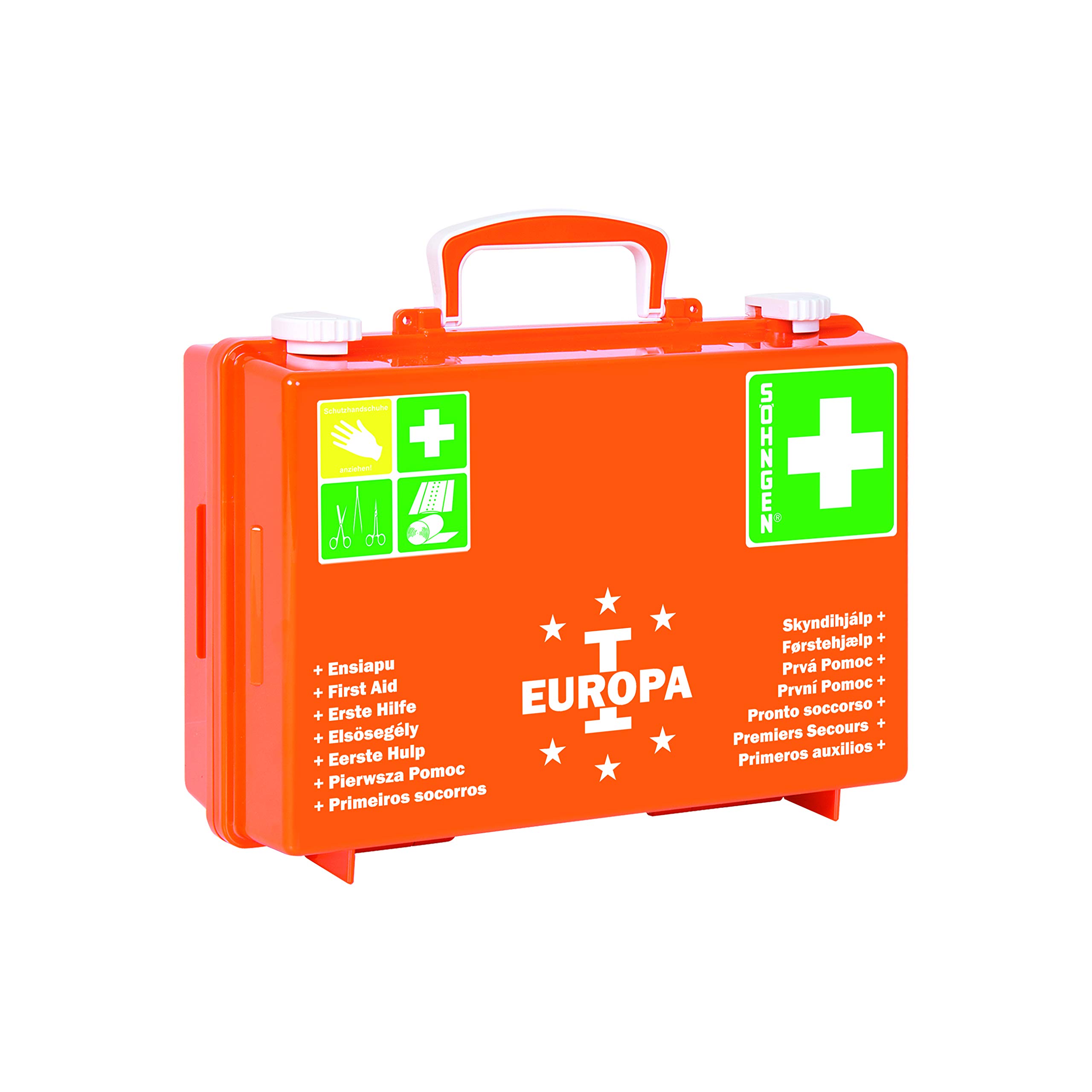 Söhngen Erste-Hilfe-Koffer Europa I gefüllt (mit Wandhalterung, Füllung nach DIN 13157, mit aluderm Verbandspäckchen, Kompressen, Rettungsdecke) orange, 03001356