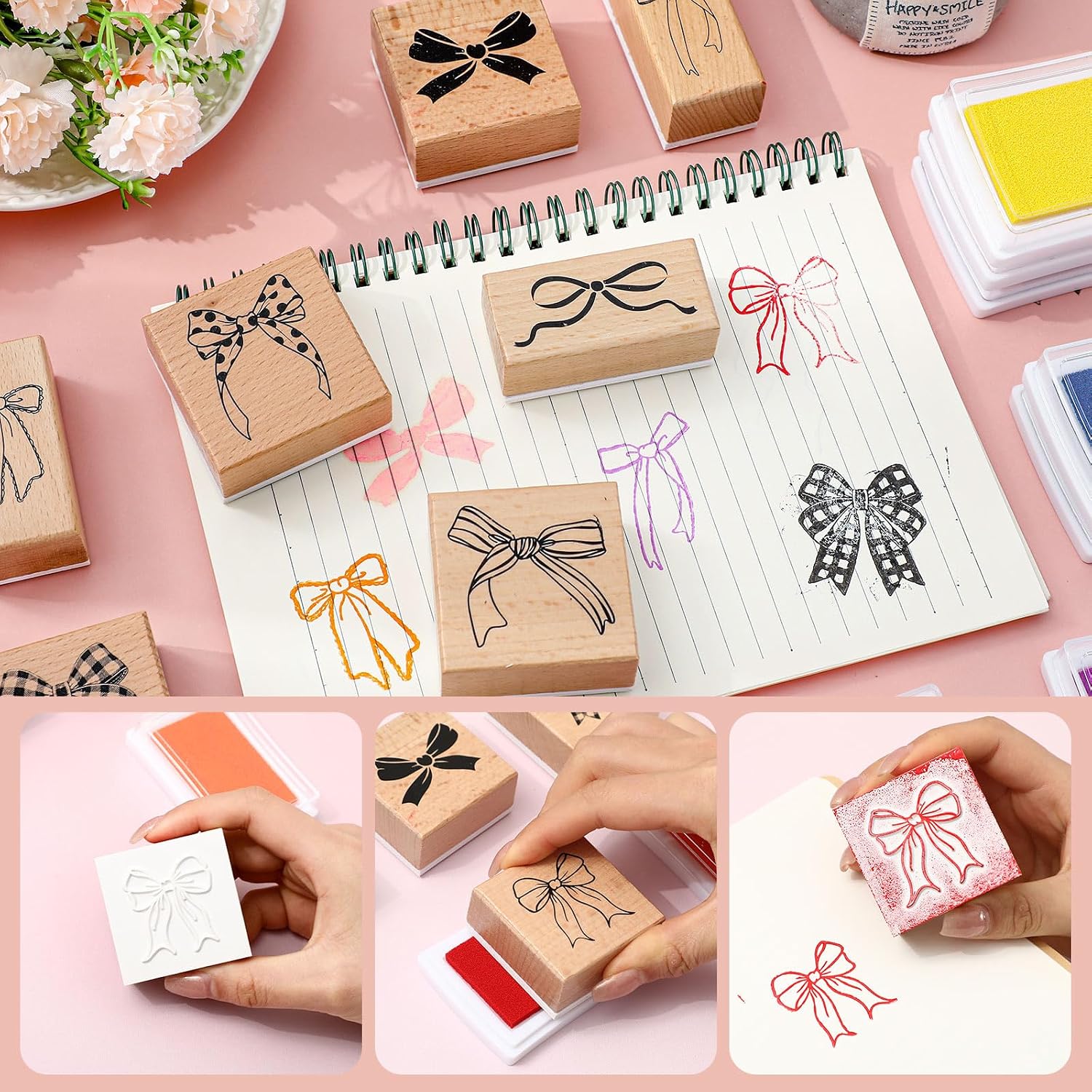 JarThenaAMCS 16 Pcs Bow Wooden Rubber Stamps Kit with Ink Pads Stripe Plaid Dot Bowknot Pattern DIY Craft Stamps for Daily Birthday Party Decor Scrapbooking Cards Making Planner