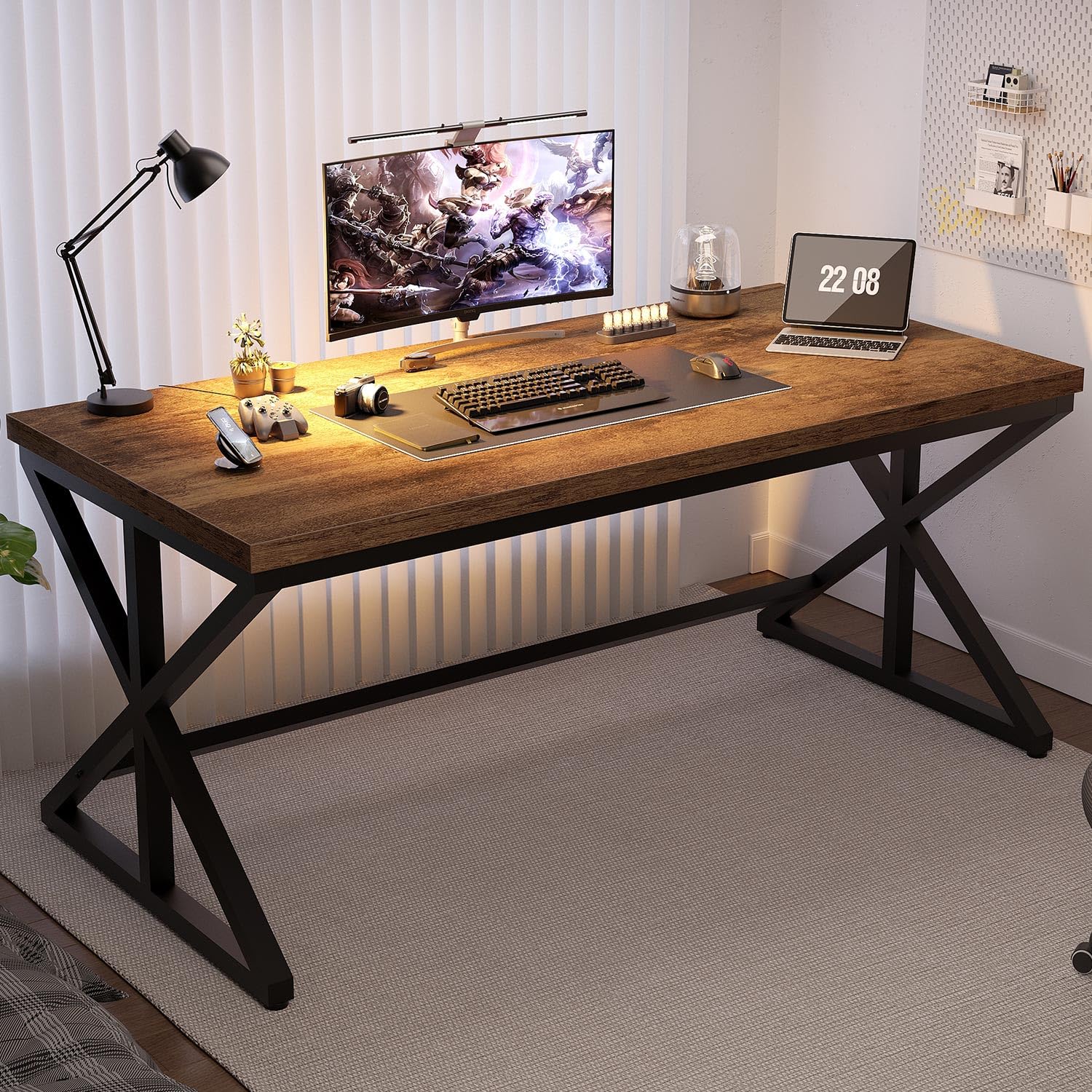 IBF Industrial Computer Desk, Rustic Wooden Metal Executive Office Desks, Large Long Simple Gaming Computer Desk Table, Wood Student Study Computer
