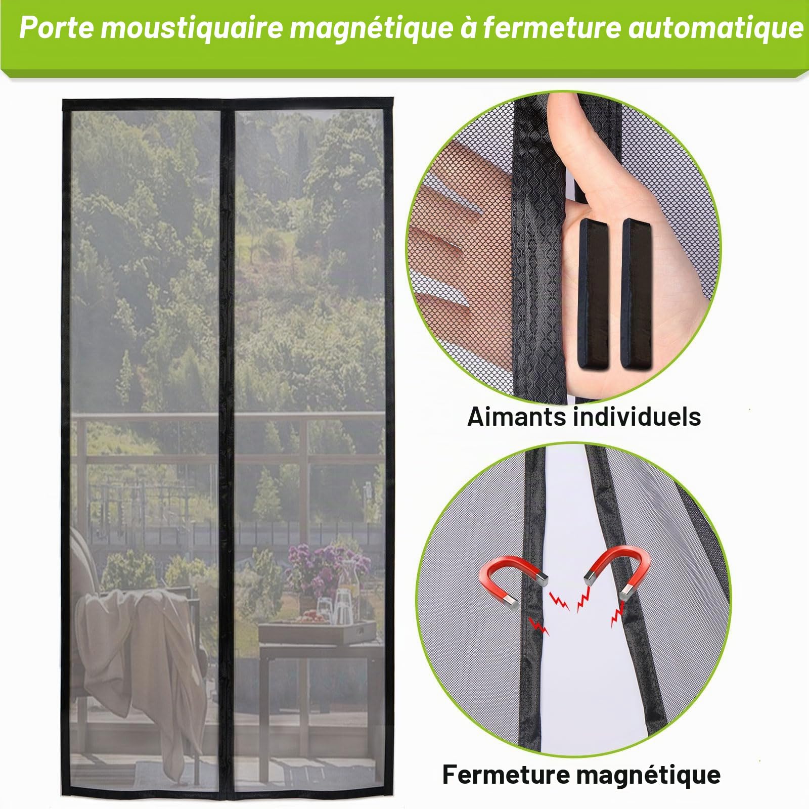 Risareyi Moustiquaire Fenetre Magnetique Résistant 130x130cm, Noir | Filet Renforcée, Rideau Moustiquaire Porte Aimantée, Anti-moustiques, Fermeture Automatique, Sans Percage, 2cm Bande Adhésive