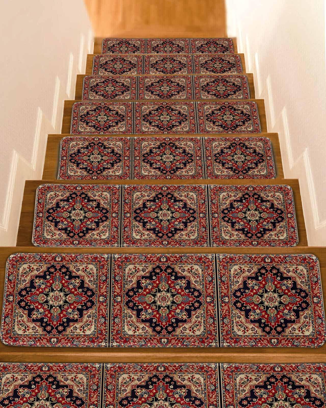Red Bohemian Mandala Flower Stair Treads for Wooden Steps Indoor Runner Rug Carpet,Western Rustic Tribal Medallion 15 Pieces Peel and Stick Staircase
