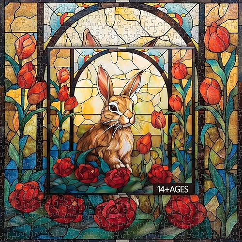 Miniatura 8 de Rompecabezas de conejito de vidrieras para adultos de 1000 piezas, rompecabezas de jardín de flores de Pascua, rompecabezas de arte colorido para