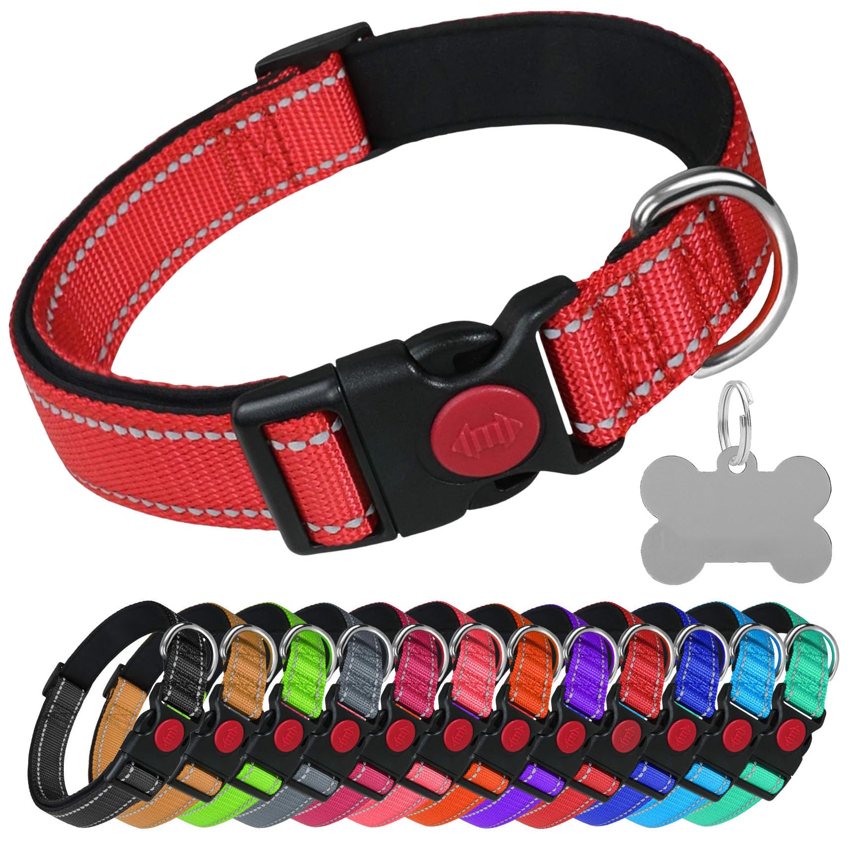 LARRYROO Reflective Dog Soft Padded Nylon Collar | Slide Lock Safety Buckle | Fully Adjustable With Personalised Engraved Silver Bone Shaped Tag (Red, Extra Small (20cm - 30cm Neck))