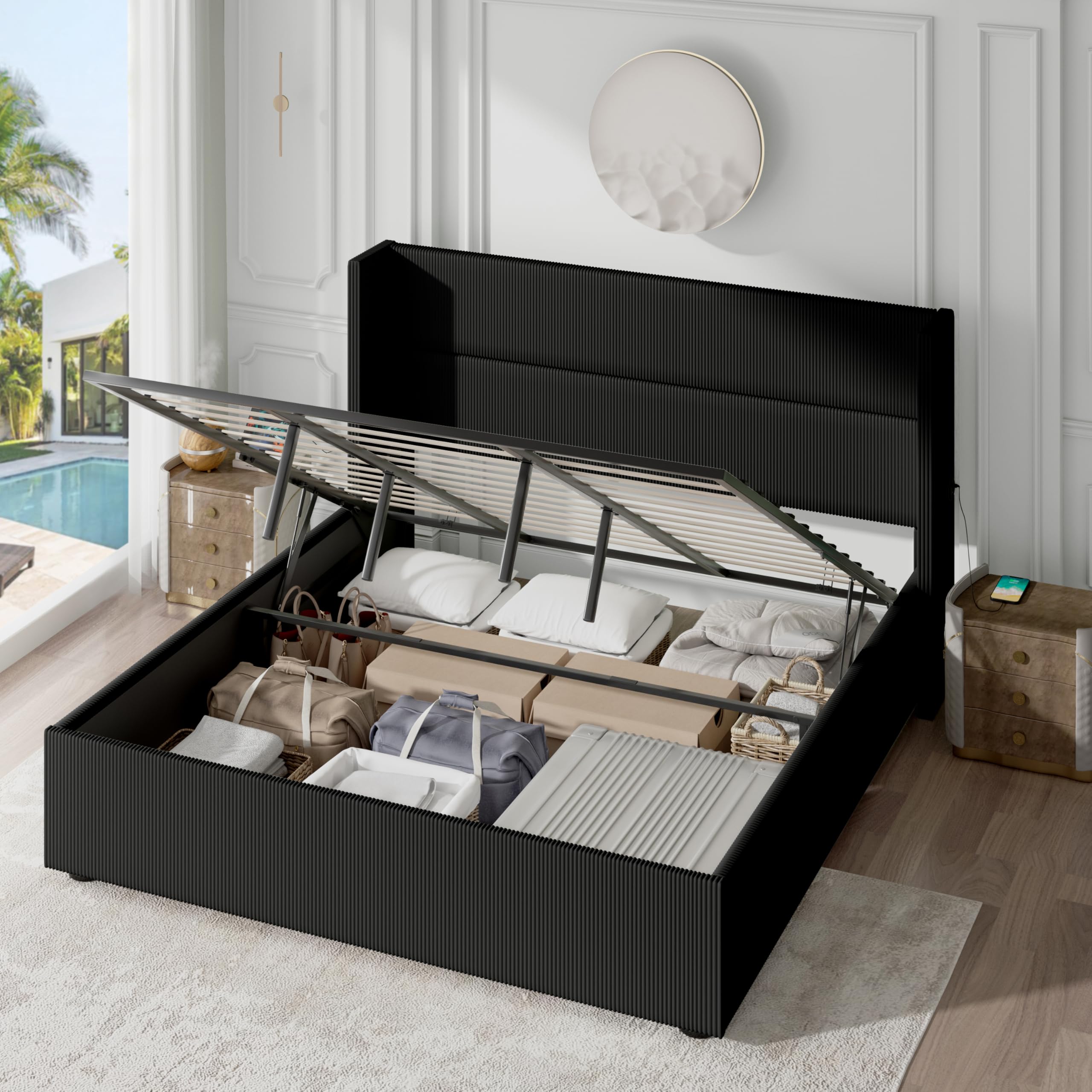 EcoHarbor Lift up Storage Bed Queen with 2 Charging Stations Underneath Corduroy Upholstered Wingback Headboard Hydraulic Bed Frame Queen Size with Storage Noise-Free/No Box Spring Needed (Black)
