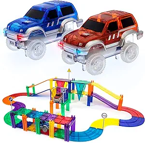 PicassoTiles 50 Piece Race Car Track Building Block Educational Toy Set Magnetic Tiles Magnet DIY Playset 2 Light Up Car STEM Learning Construction Kit Hand-Eye Coordination Fine Motor Skill Training
