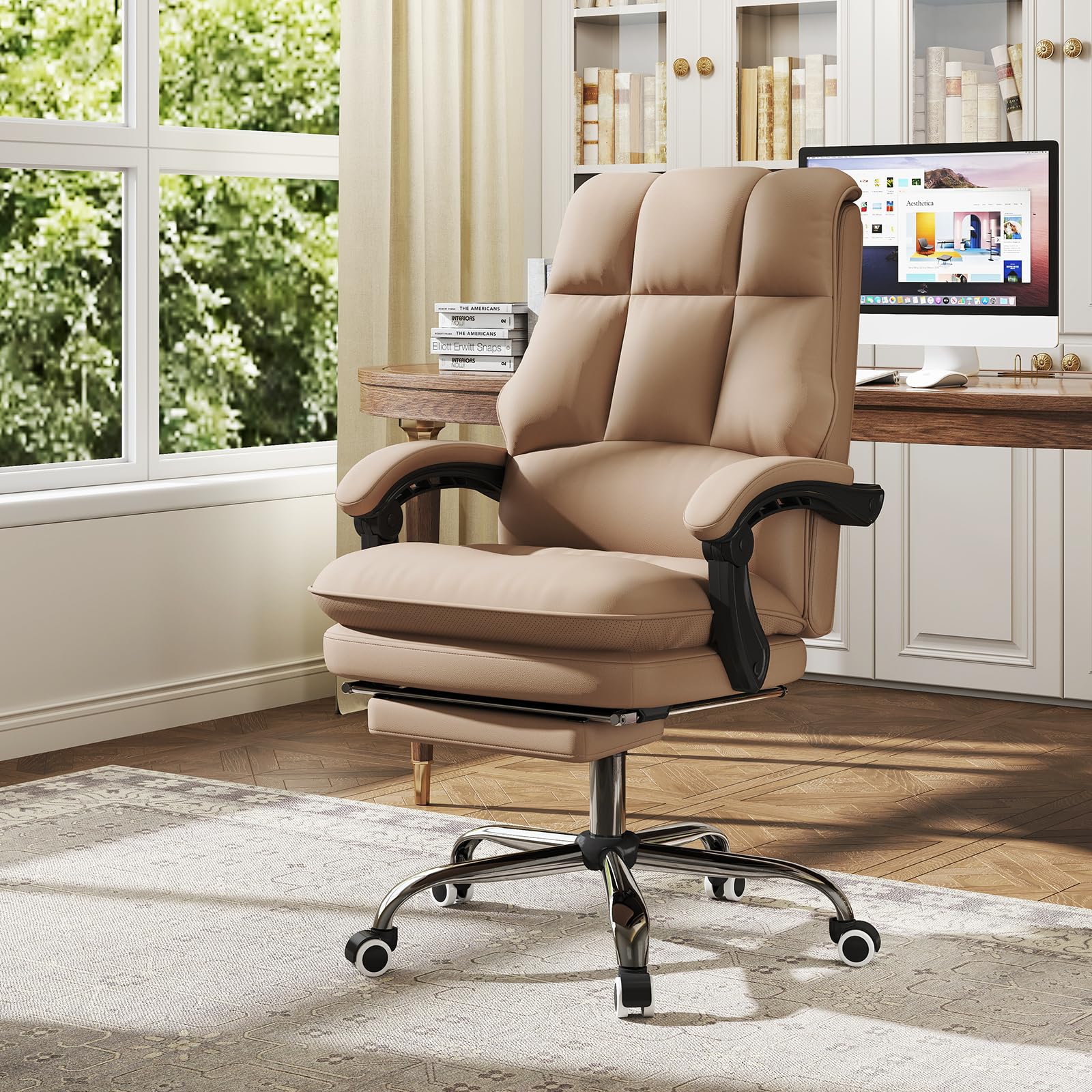 COSTWAY Ergonomischer Bürostuhl mit einziehbarer Fußstütze, Chefsessel mit Verstellbarer hoher Rückenlehne, weich gepolsterter Schreibtischstuhl aus Kunstleder, Computerstuhl, Kaffee
