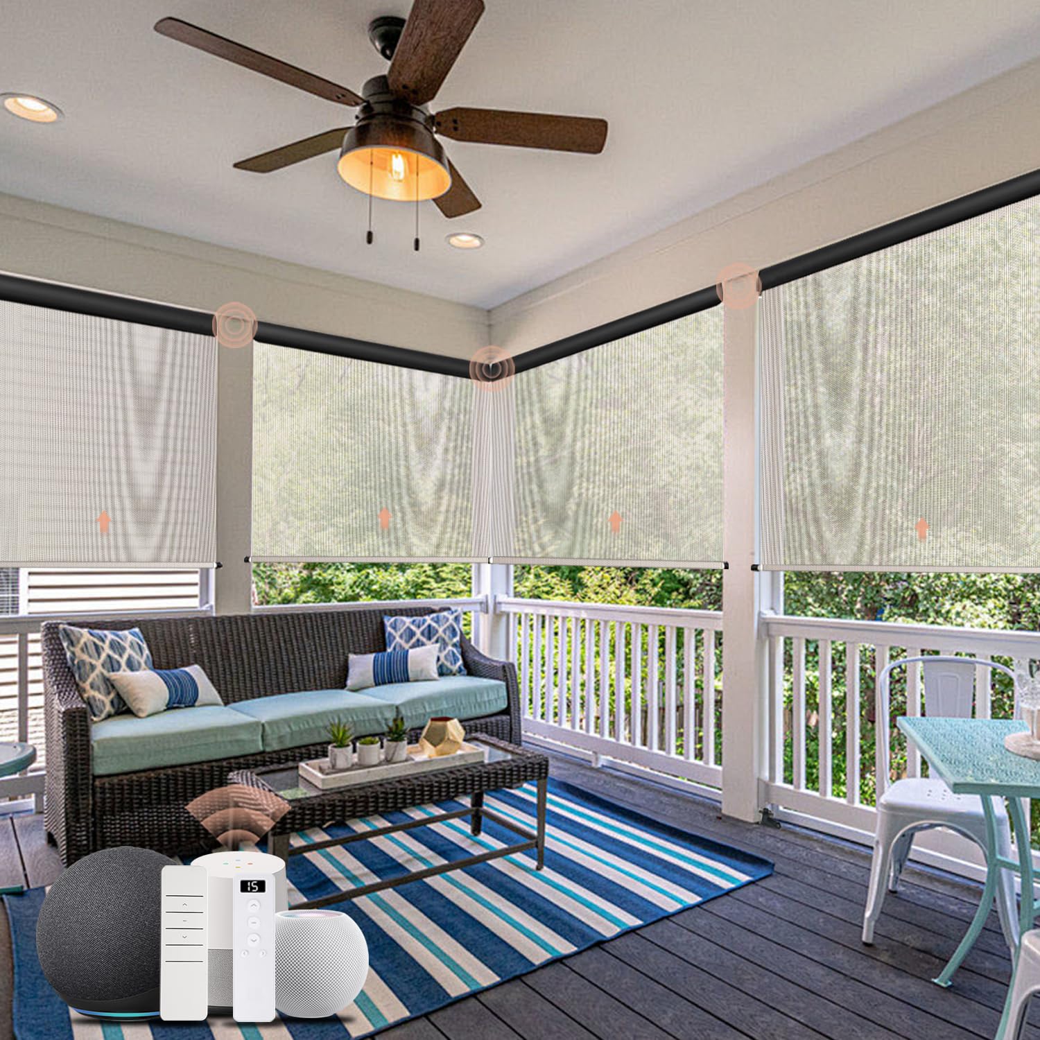 Motorized Outdoor Roller Shades, Canisteo Outdoor Patio Blinds with Remote Control, Smart Sun Shades Compatible with Alexa, Google for Porch Waterproof & Windproof, Custom Size, 1% Openness Cream