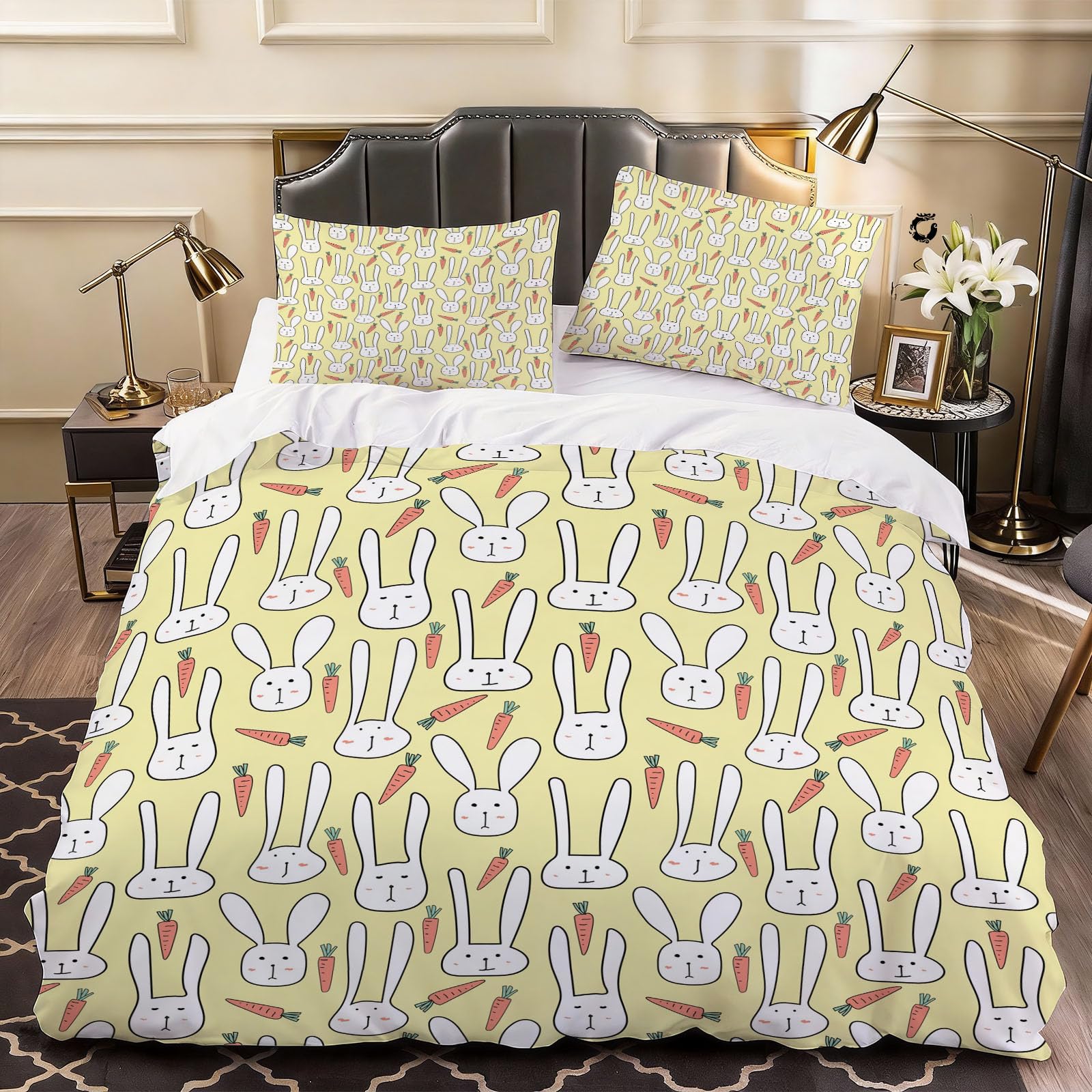 3D Cartoon Rabbit Duvet Cover Child Bedding Double Bed Set, Soft Microfiber Comforter Cover Printed with Zipper Closure Quilt Coverr 200x200 cm and 2 Pillowcases