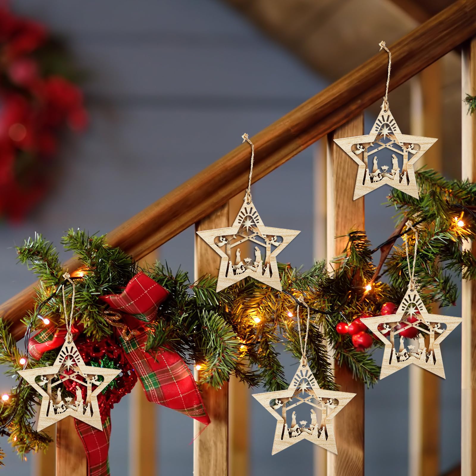 Décorations de crèche de Noël en bois à suspendre à plusieurs couches - Décoration souvenir de la naissance de Jésus - Cadeau religieux pour la famille (en forme d'étoile, 24 pièces)