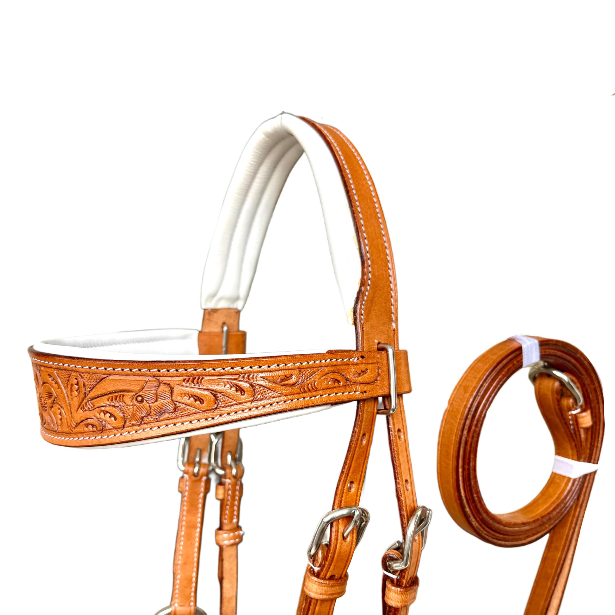 Brida lateral de cuero sin puntas con herramientas y tallado florales, acolchado de cuero suave de vaca, brida de tachuelas para caballos