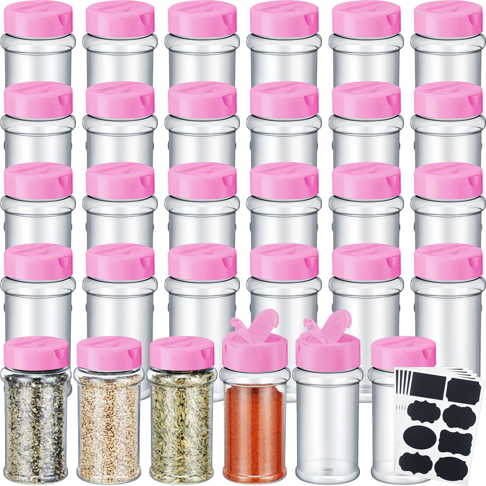 Bouteilles à épices transparentes avec étiquette | Lot de 36 flacons légers et incassables