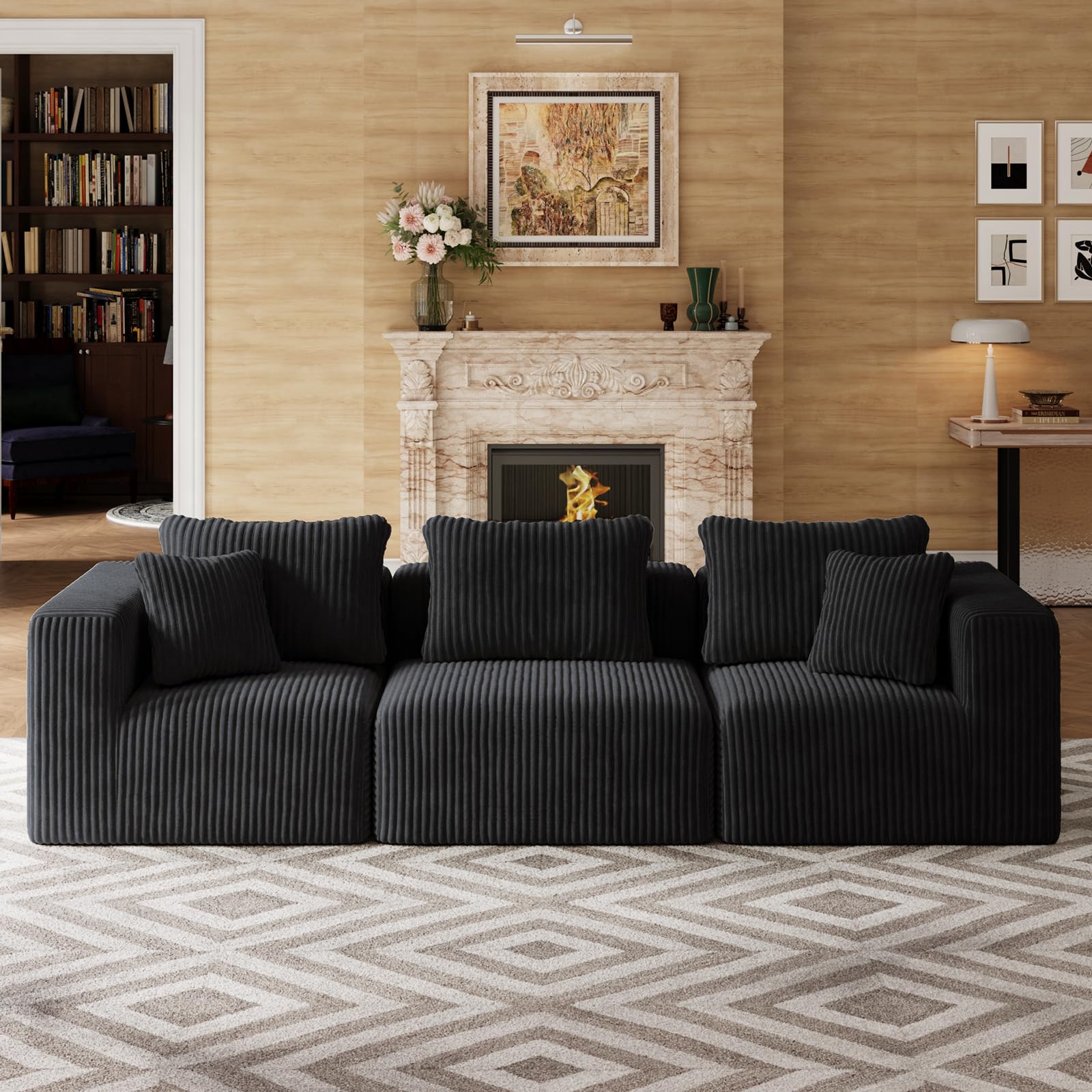 Novilla 270 cm Sofá Esquinero Modular Componible 3 Plazas en Terciopelo | Muelles Ensacados Smarts Coil®, Sin Montaje, Terciopelo Acanalado, 5 Cojines Incluidos