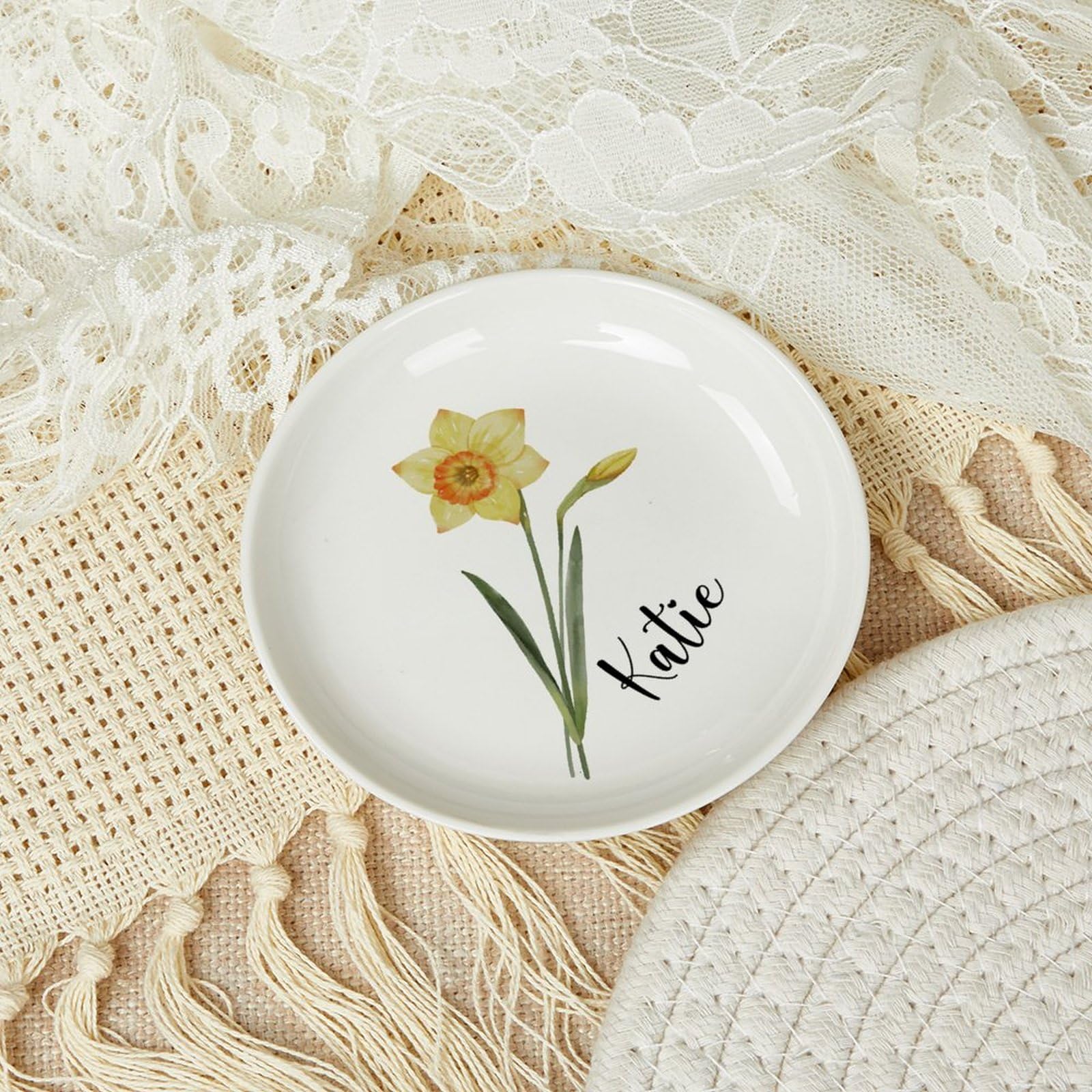 Personalized Birth Flower Jewelry Dish, Ceramic Ring Holder with Name, March Daffodil Jewelry Tray, Custom Trinket Tray, Decorative Plate, Birthday Gifts for Friends Sisters Daughter Mother 4