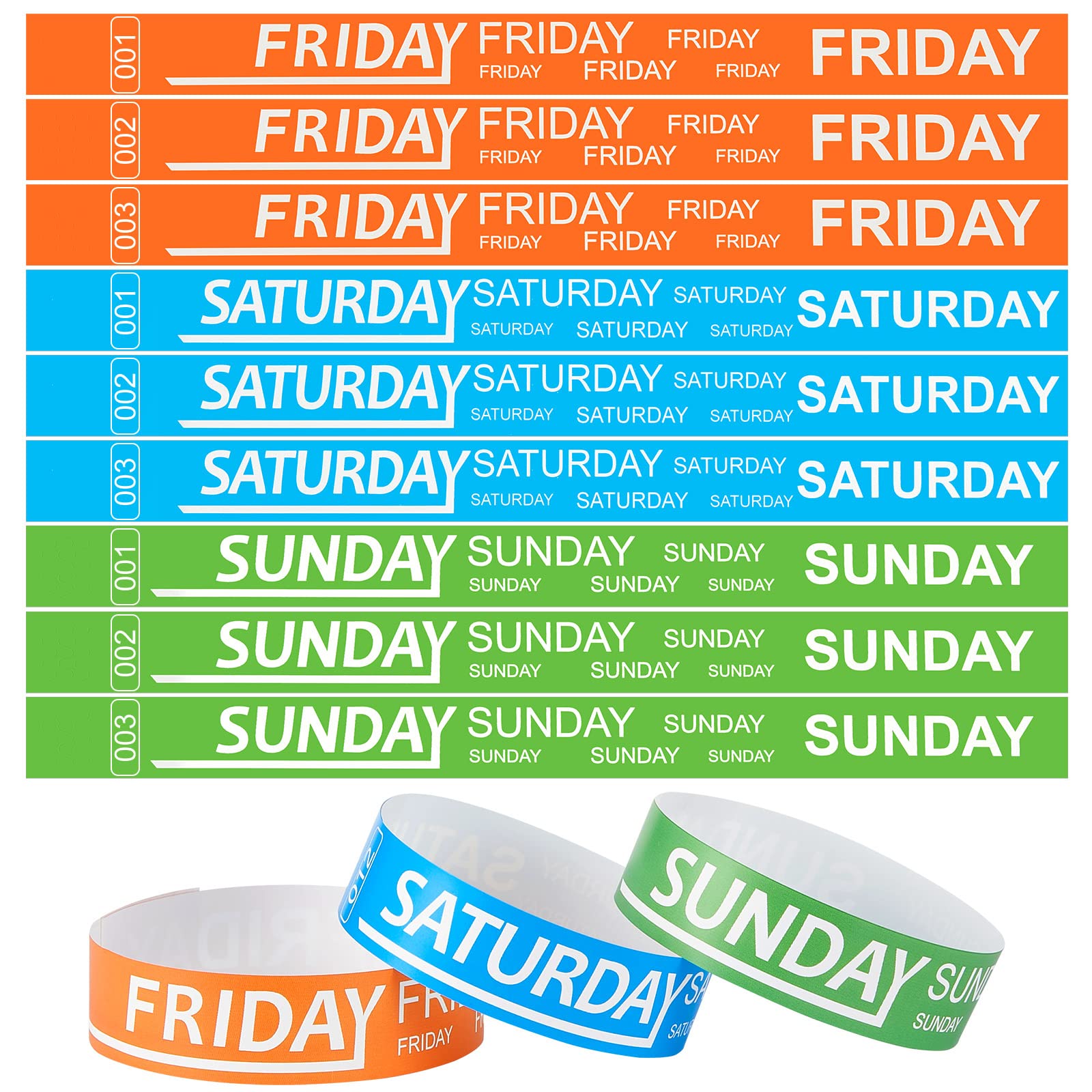 Henoyso 1800 Pcs Paper Wristbands Event Wristbands Numbered Waterproof Wrist Bands for Events Day of the Week Paper Bracelets for Adult, Friday,