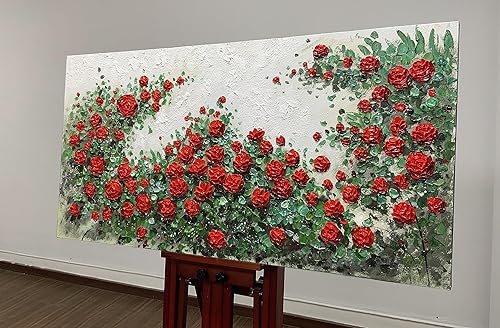 Miniatura 3 de ART8YUQI Paintings - Lienzo de flores rojas pintadas a mano, cuadros abstractos modernos, arte de rosal para sala de estar, dormitorio, oficina,