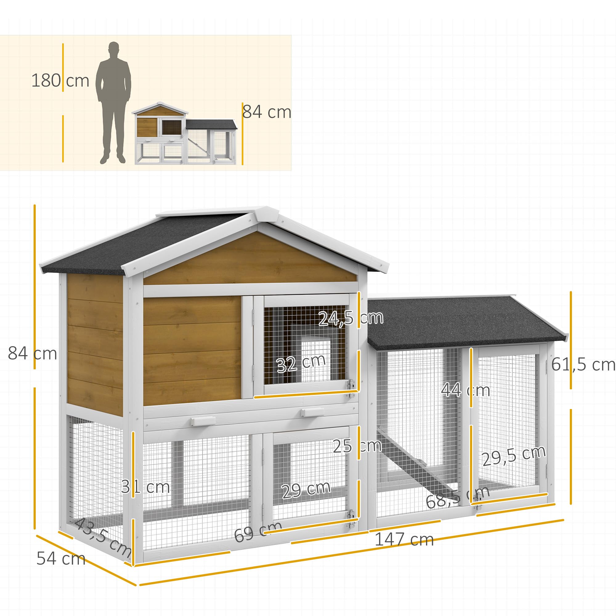PawHut Conejera de 2 pisos, resistente al invierno, de madera, 147 x 54 x 84 cm, jaula para conejos con techo de betún impermeable, rampa para 2 conejos enanos, para exteriores, color amarillo