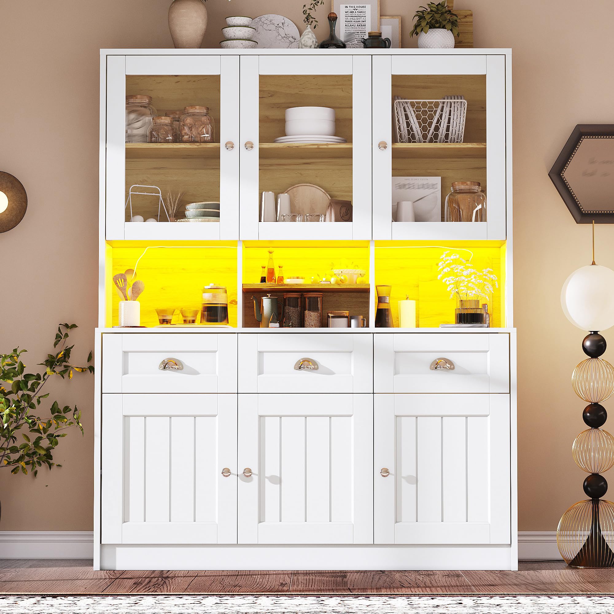 Küchenschrank mit LED-Beleuchtung und Großer Stauraum, Hochschrank mit Verstellbaren Ablagen und Aufbewahrungsschrank, Küchenbuffet mit 3 Schublade, Weiß-C, 140x40x175 cm