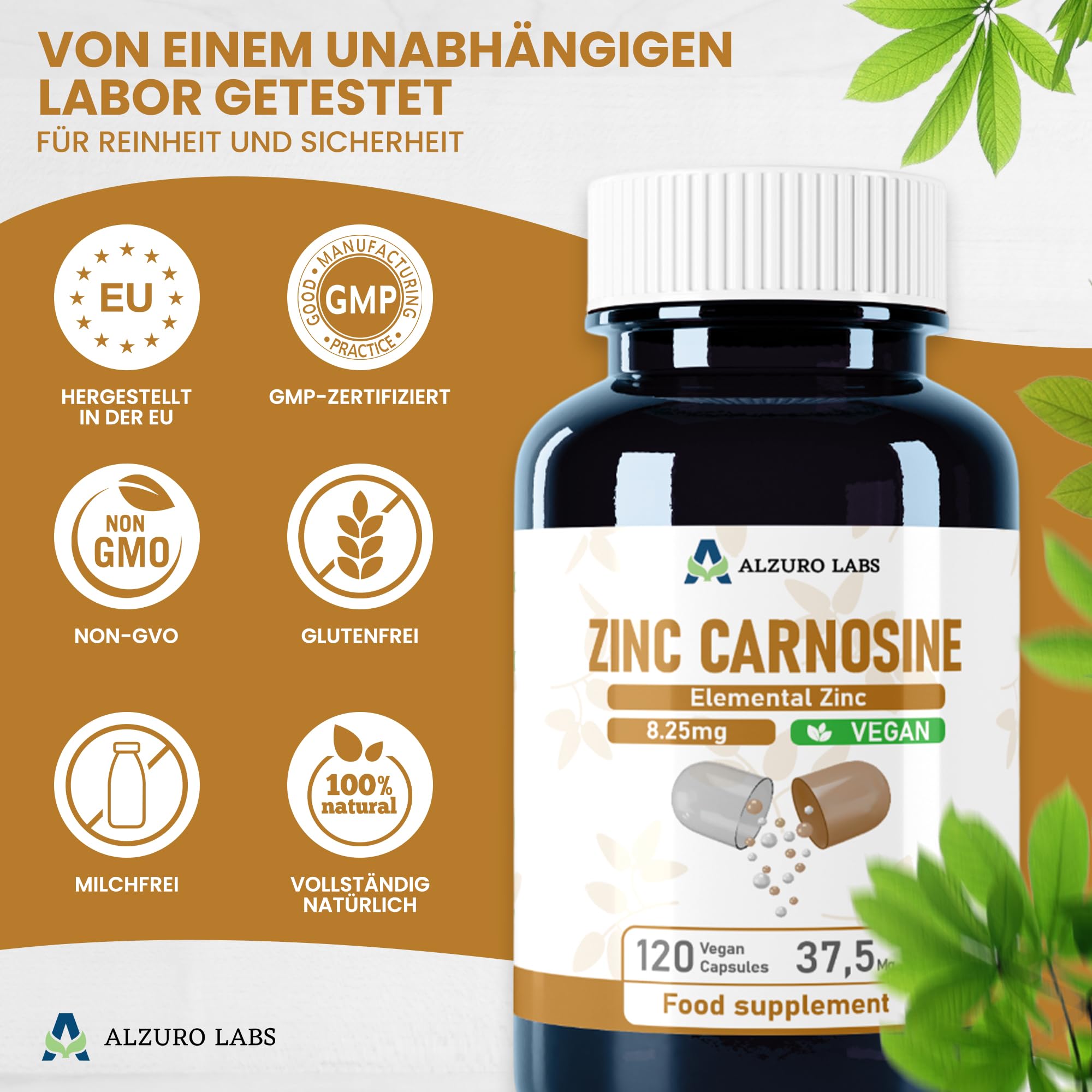 Zink-L-Carnosin | 37,5 mg | 8,25 mg elementares Zink (83% NRV) | 120 vegane Kapseln | Zinc L-Carnosine | GMP & Laborgeprüft