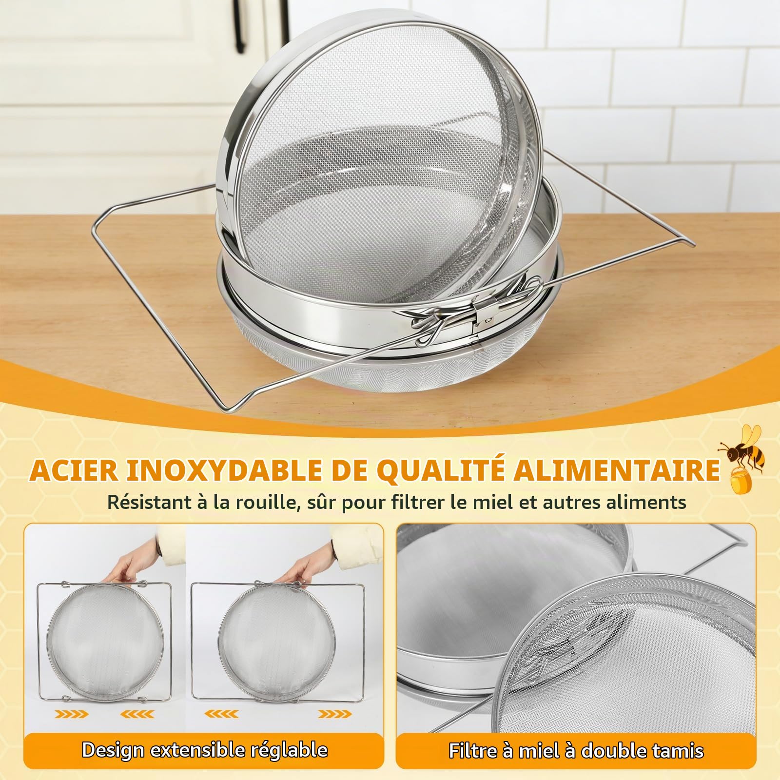 Filtre de Miel Double,Passoire à Miel en Acier Inoxydable avec Bras Extensibles,Tamis Filtrant pour Apiculture,Filtre pour Impuretés pour Seau de 5 Gallons,Apiculture équipement pour Rucher Set