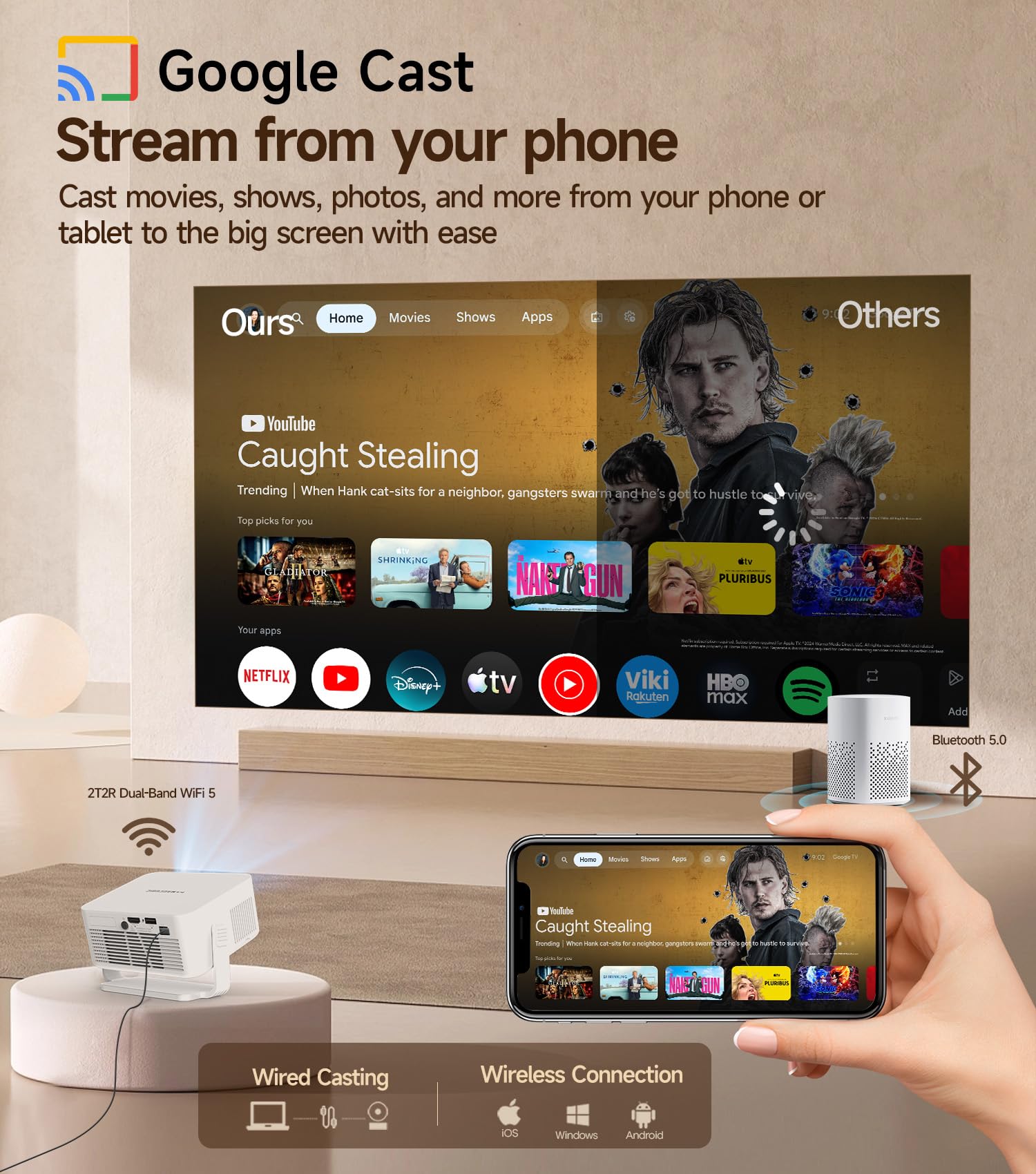 Proyector Portátil 【Google TV/Official Apps】 Mini Proyector 4k 1080P Full HD Soporte 200ANSI 8000L, Videoproyector WiFi 5G BT 5.4, Cine Projector 180 ° Se Puede Girar para TV Stick