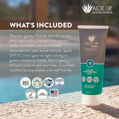 Miniatura 7 de Aloe Up SPF 15 Sport Sunscreen Lotion - Broad Spectrum UVAUVB High SPF Sunscreen, Reef Friendly Sunscreen for Body & Face - Waterproof Vacation